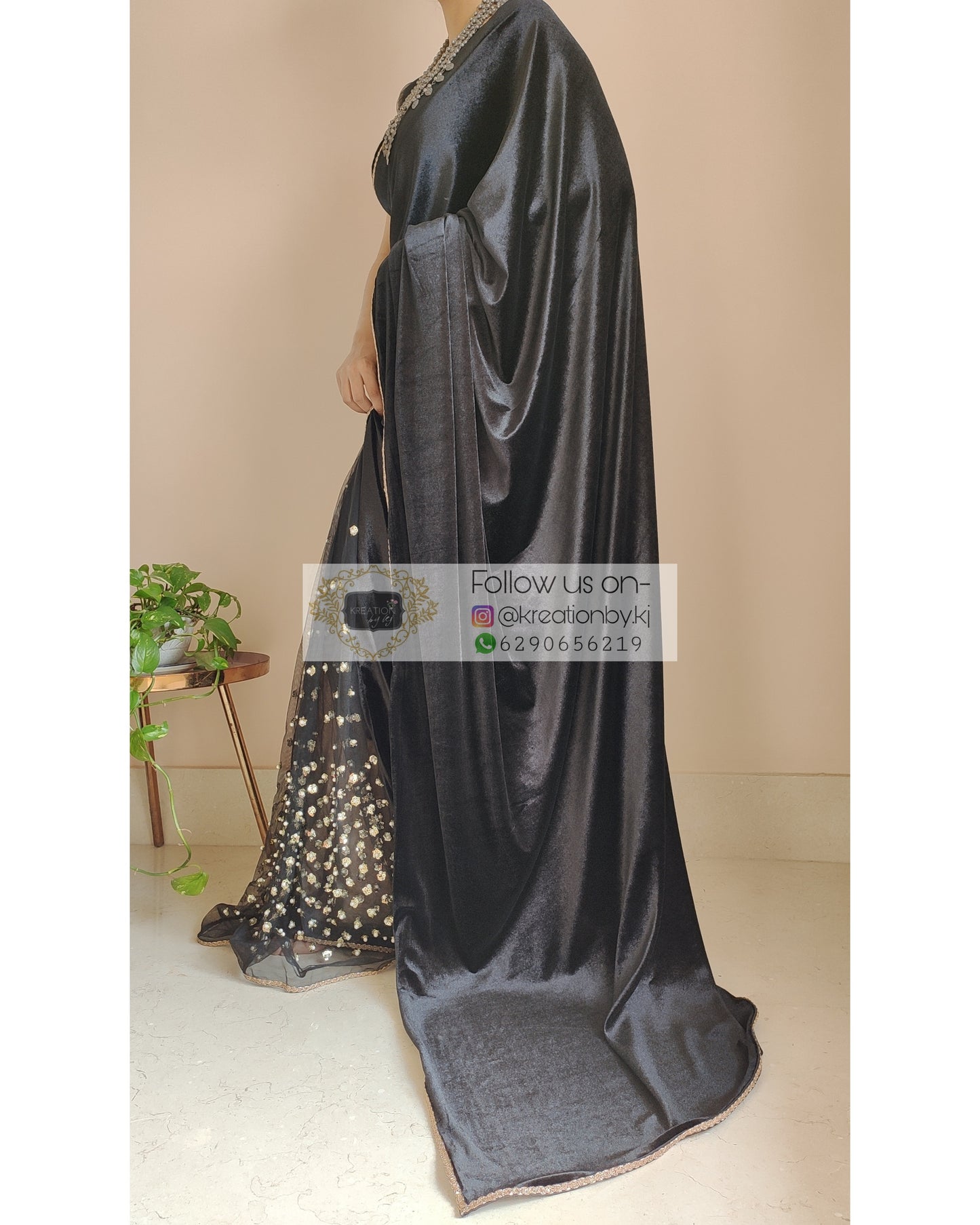 Black Velvet And Net Embellished Saree - kreationbykj