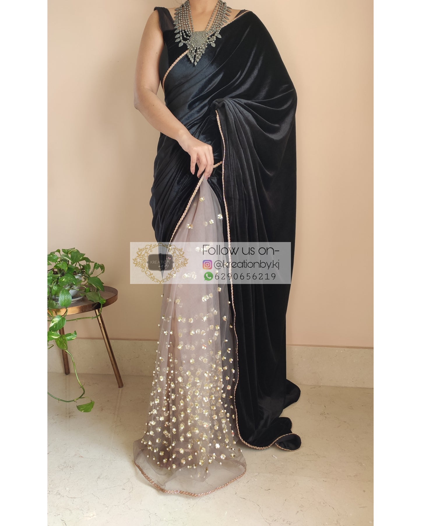 Black Velvet And Chocolate Net Embellished Saree - kreationbykj