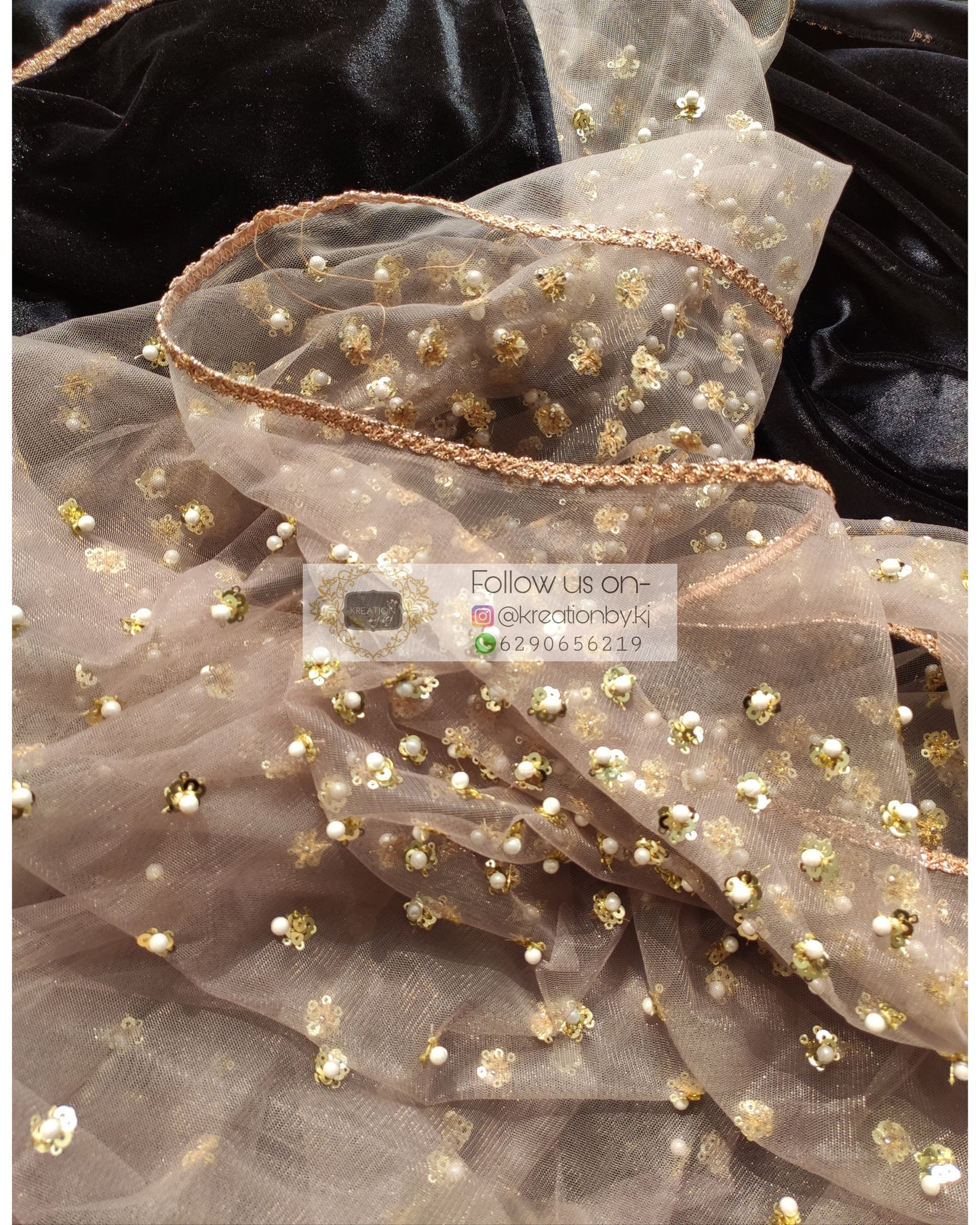 Black Velvet And Chocolate Net Embellished Saree - kreationbykj