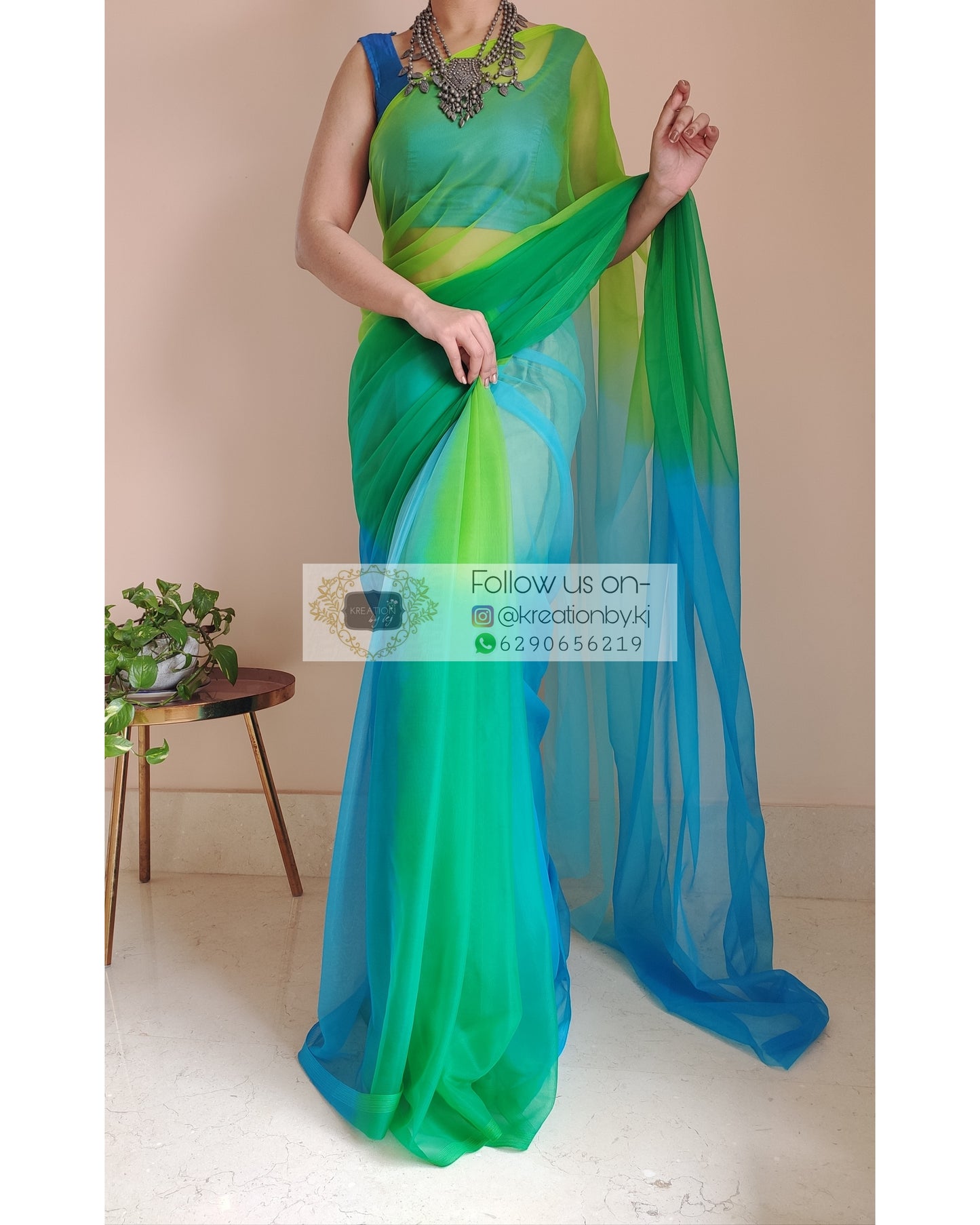 Blue And Green Ombré Dip Dyed Net Saree - kreationbykj