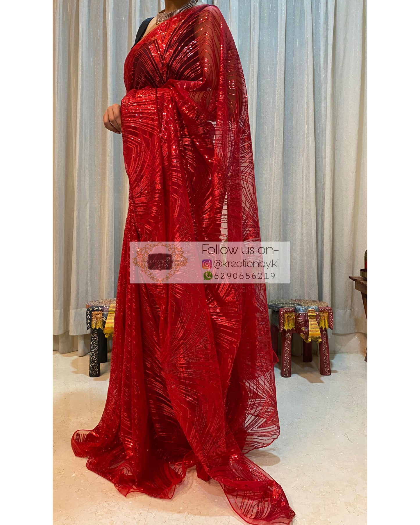 Red Sequins Embroidered Net Saree - kreationbykj
