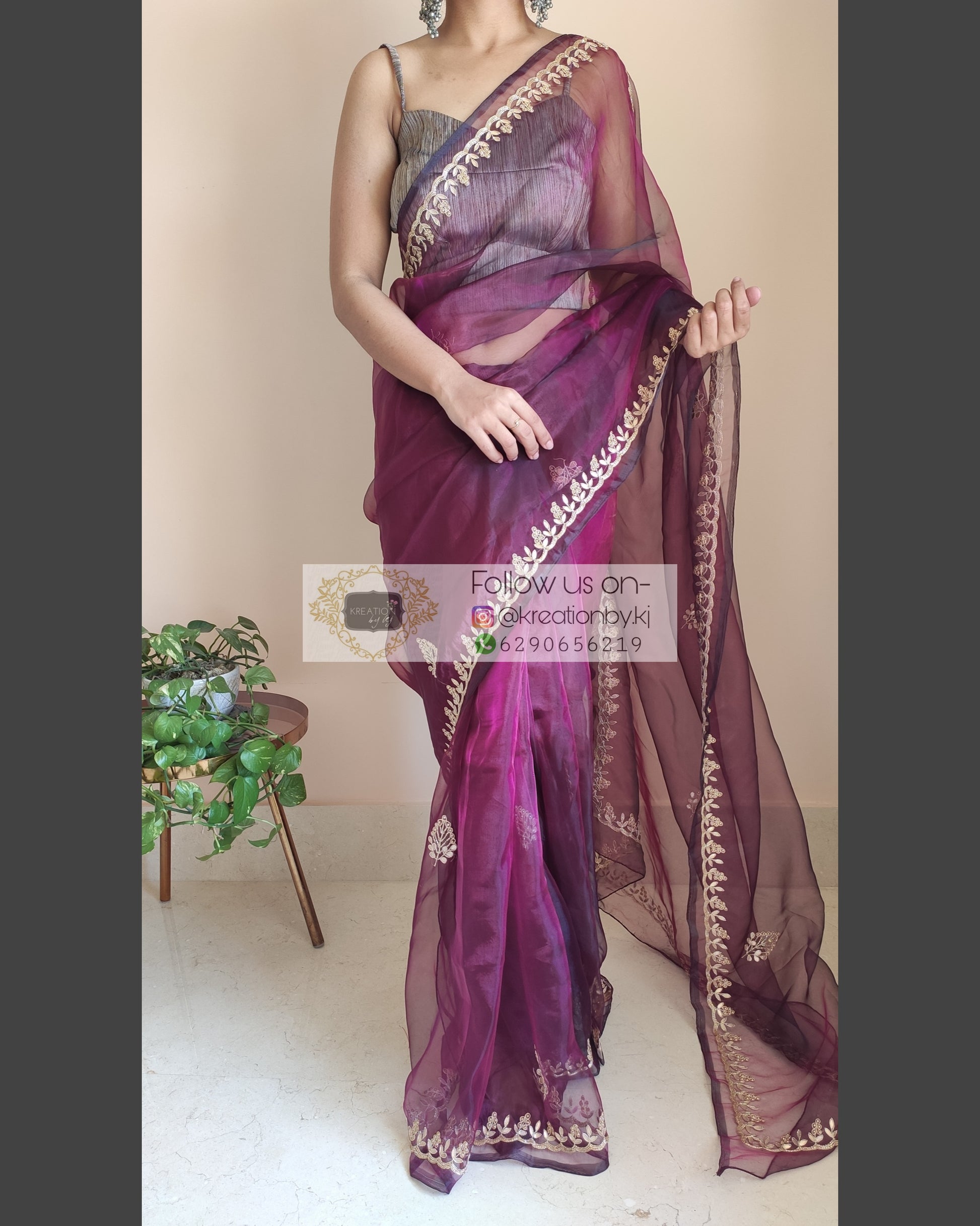 Purple Wine Glass Tissue Saree With Gota Patti Border - kreationbykj