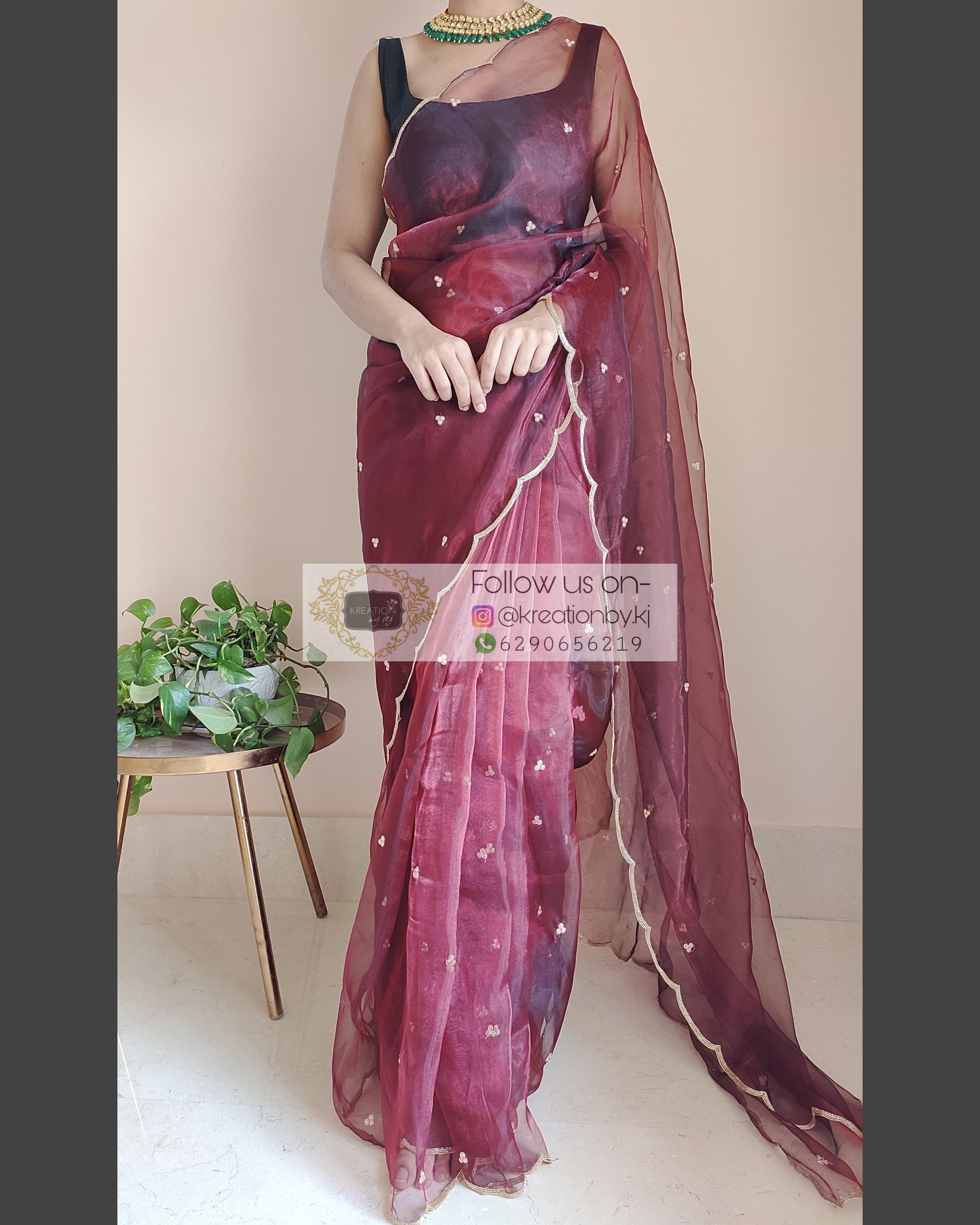 Maroon glass tissue saree with Handembroidered scalloping - kreationbykj