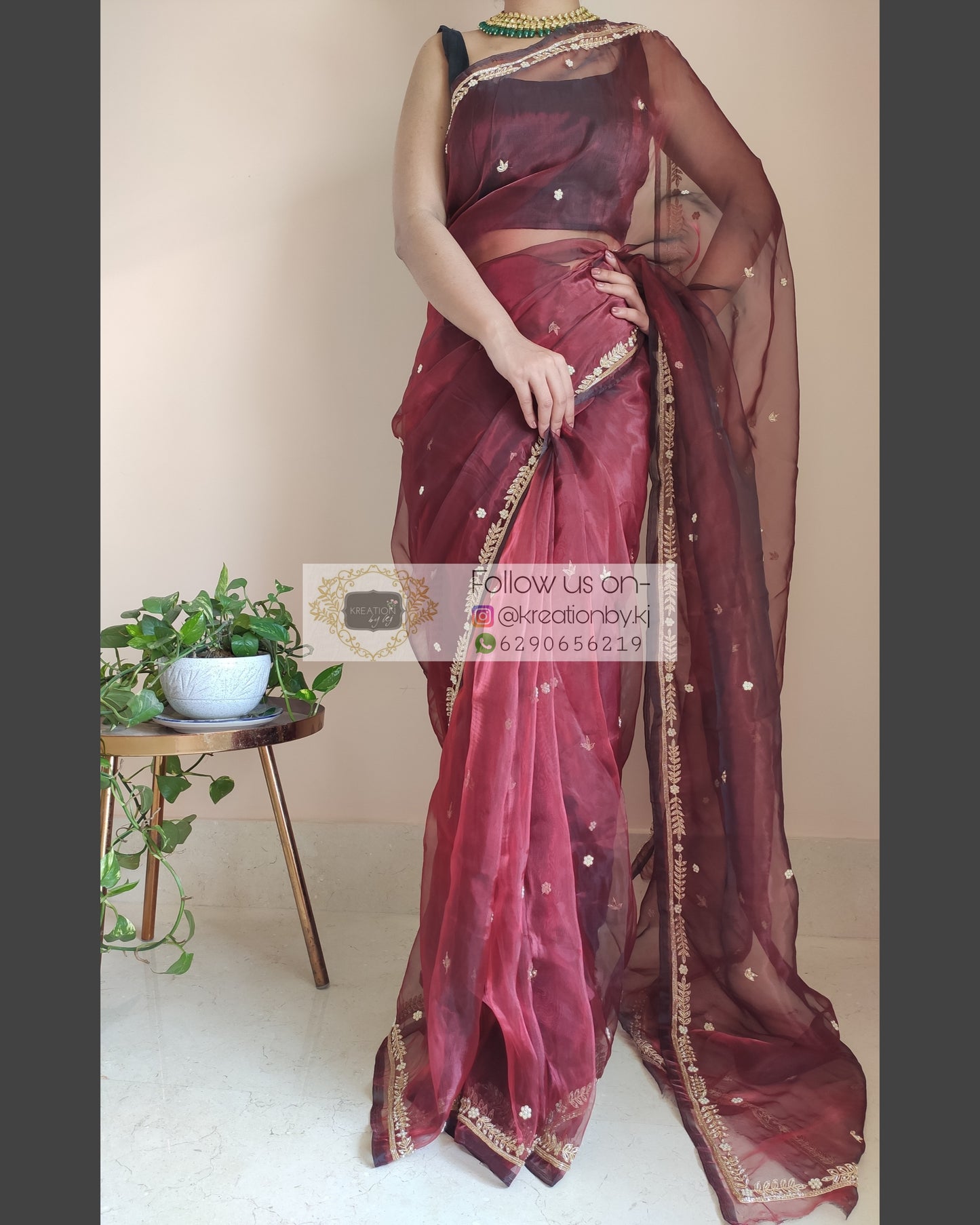 Maroon Glass Tissue Saree With Kasab And Cutdana Border - kreationbykj