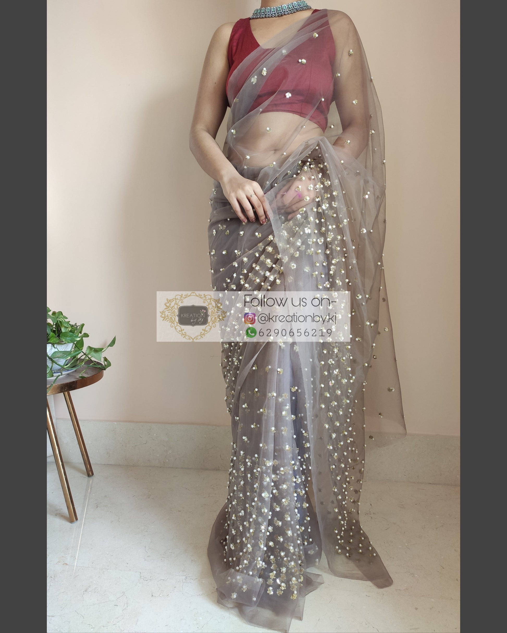 Chocolate Net Saree With Heavy Sequins And Pearl Embroidery - kreationbykj