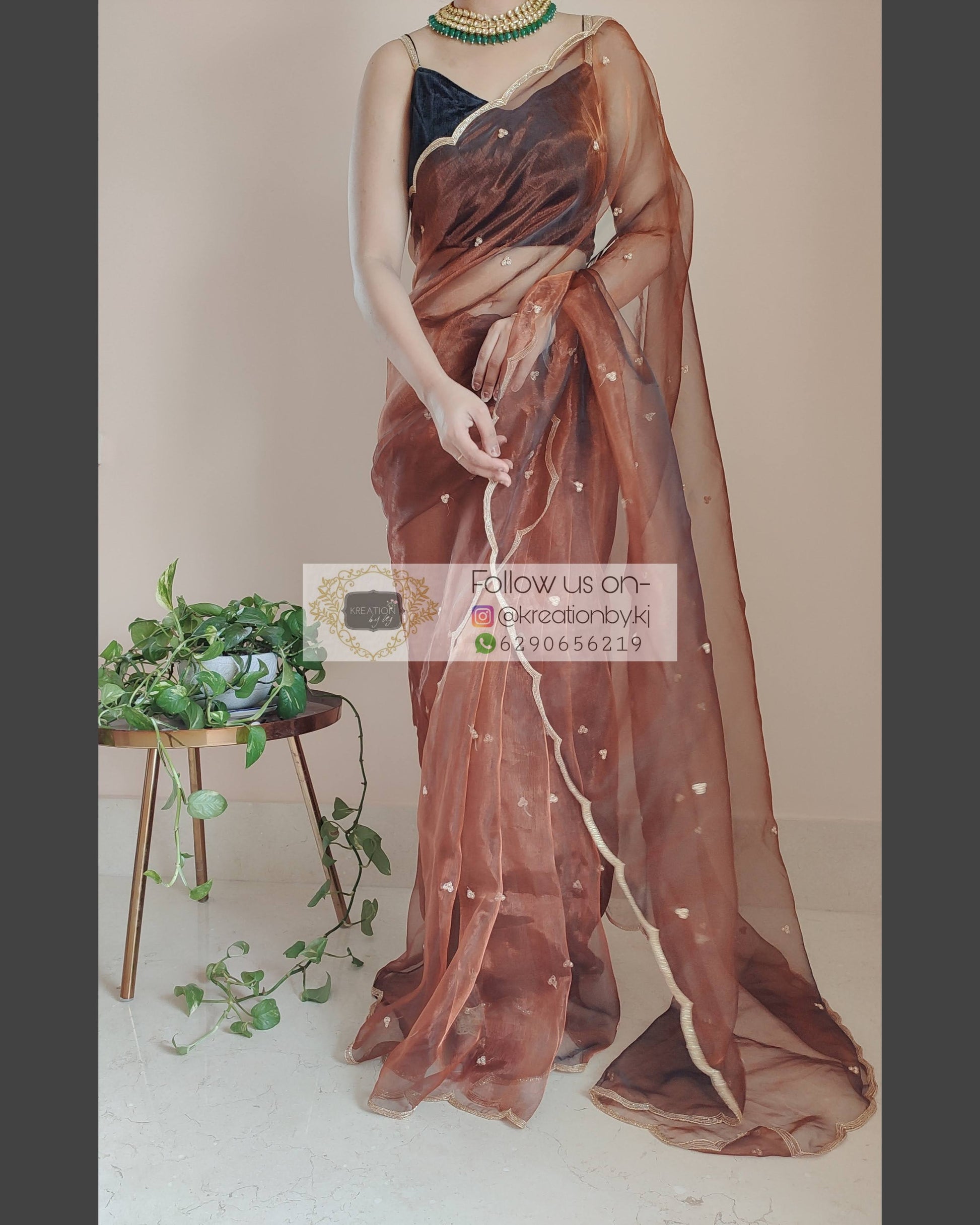 Copper Glass Tissue Saree With Handembroidered Scalloping - kreationbykj