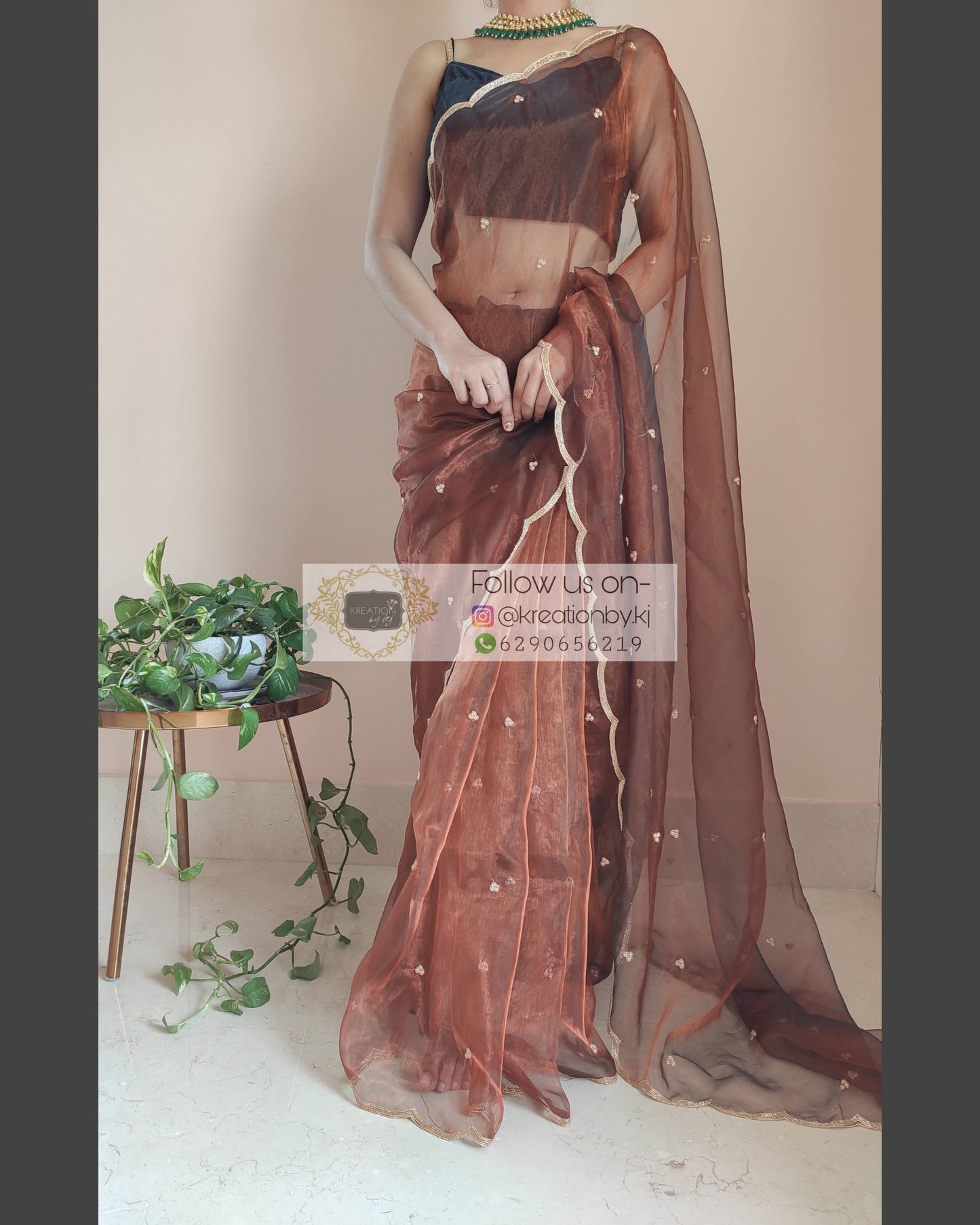 Copper Glass Tissue Saree With Handembroidered Scalloping - kreationbykj