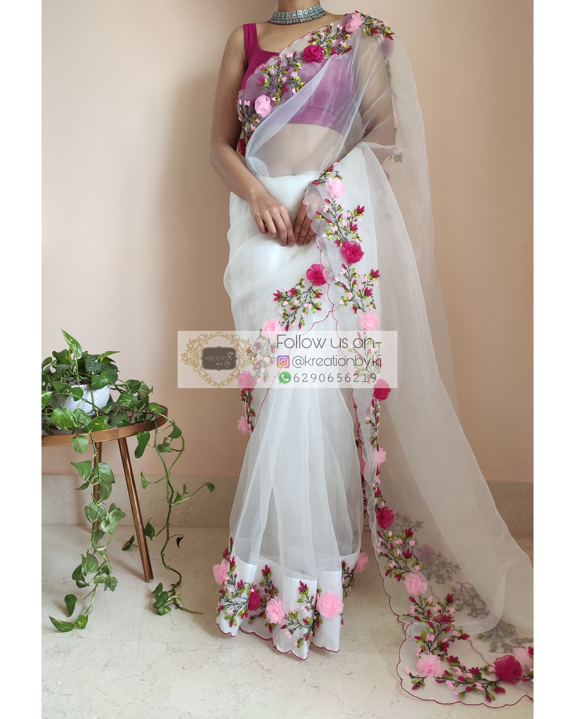 White Organza Saree With French Ribbon Embroidery - kreationbykj