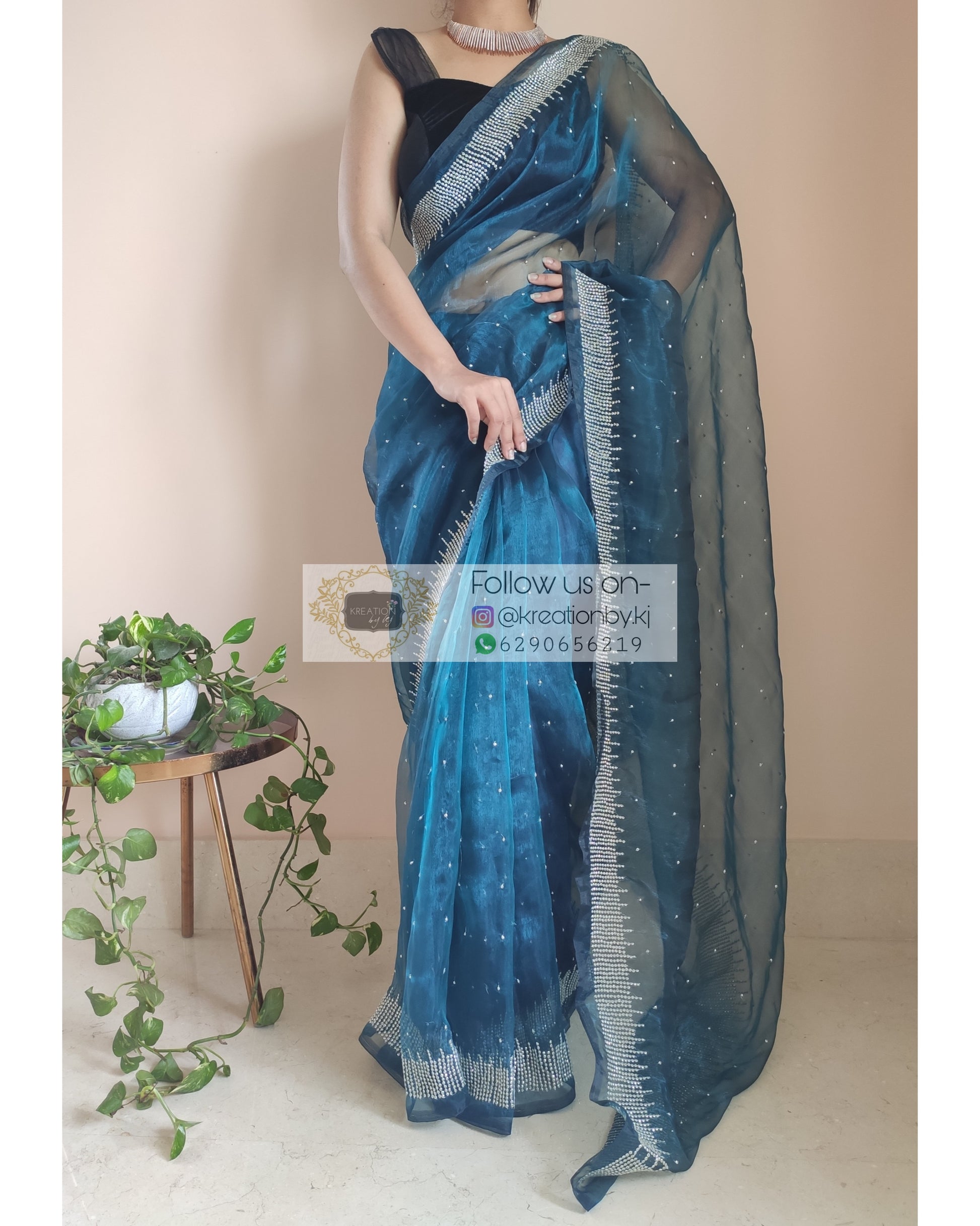 Cobalt Blue Glass Tissue Sitara Saree - kreationbykj