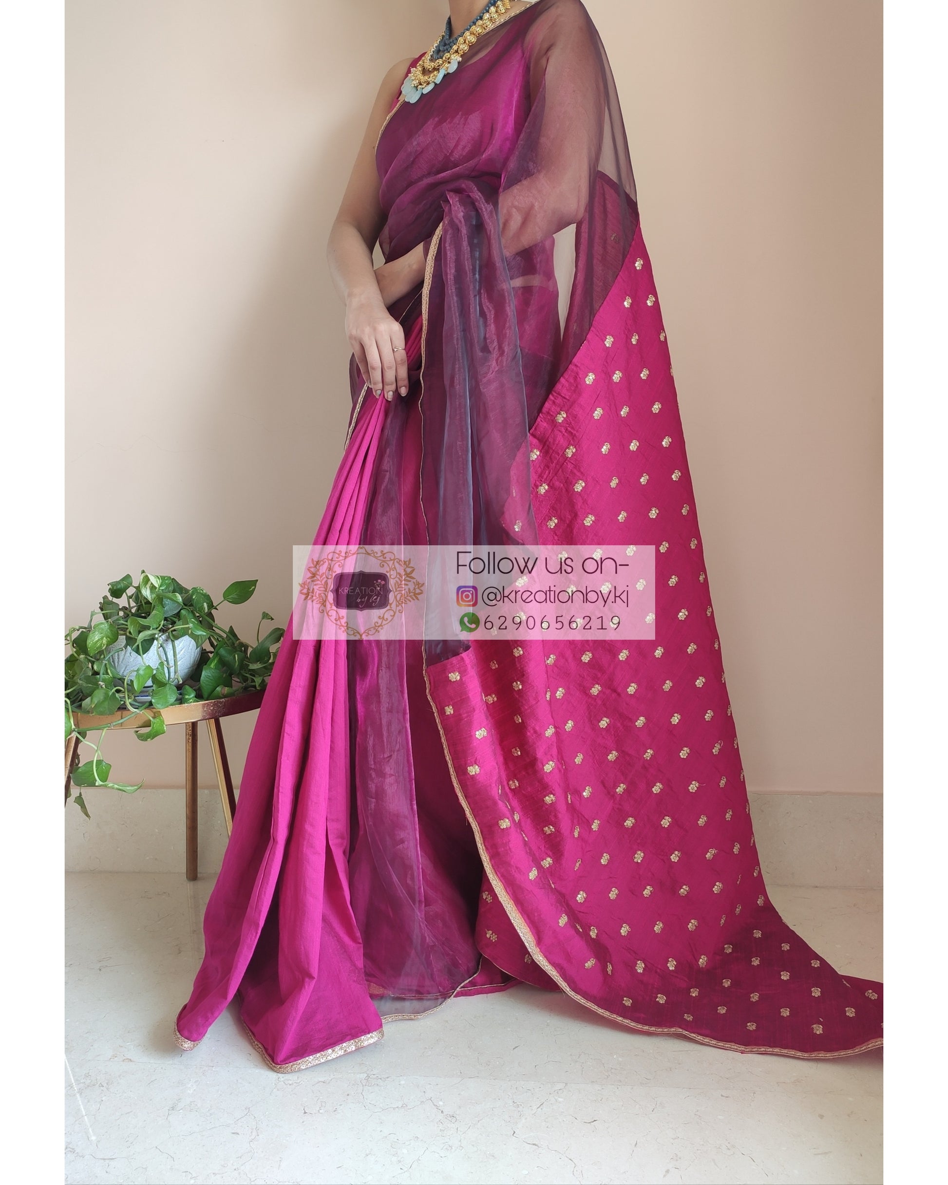 Dark Pink Raw Silk And Glass Tissue Designer Saree - kreationbykj