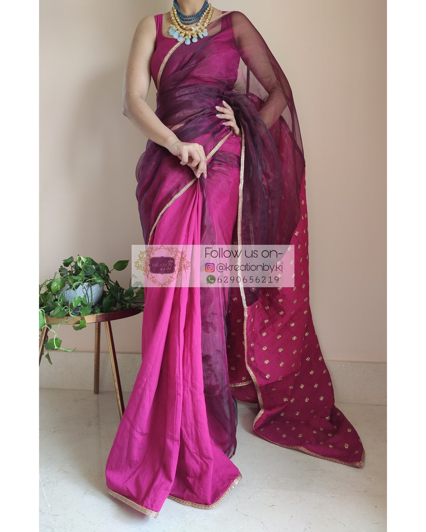 Dark Pink Raw Silk And Glass Tissue Designer Saree - kreationbykj