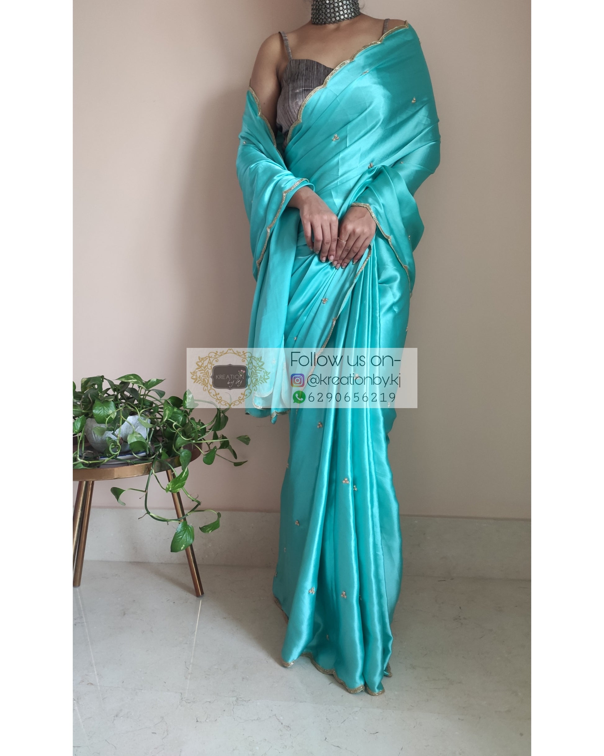 Turquoise Satin Silk Saree With Handembroidered Scalloping - kreationbykj