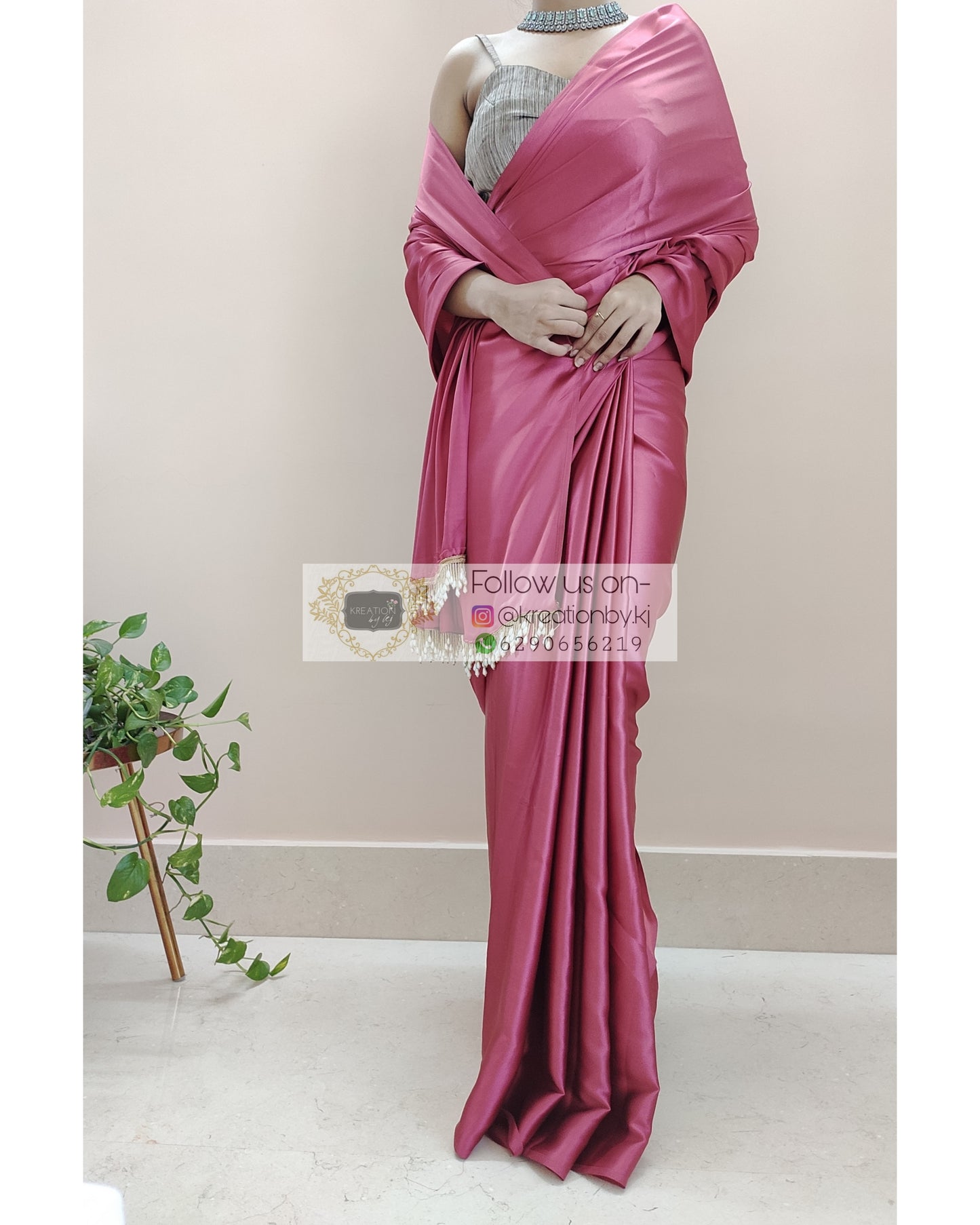 Rose Pink Satin Silk Saree With Handmade Tassels On Pallu - kreationbykj