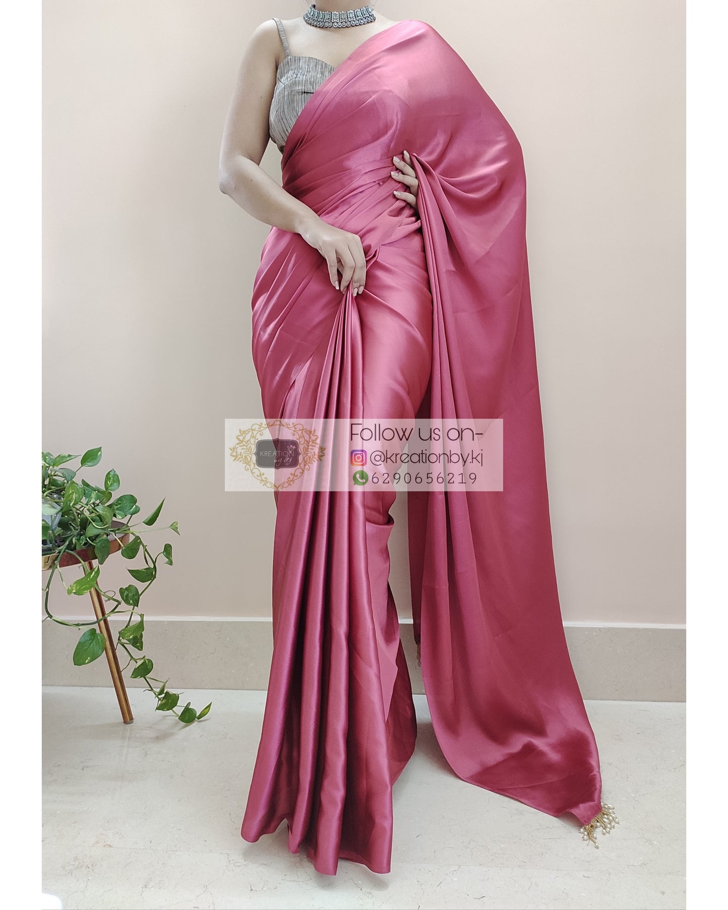 Rose Pink Satin Silk Saree With Handmade Tassels On Pallu - kreationbykj
