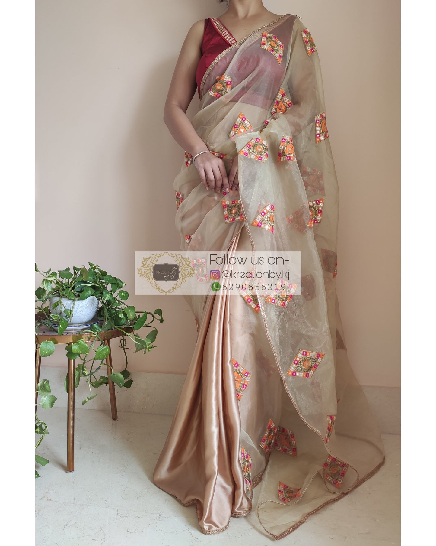 Champagne Satin And Organza Embroidered Saree - kreationbykj