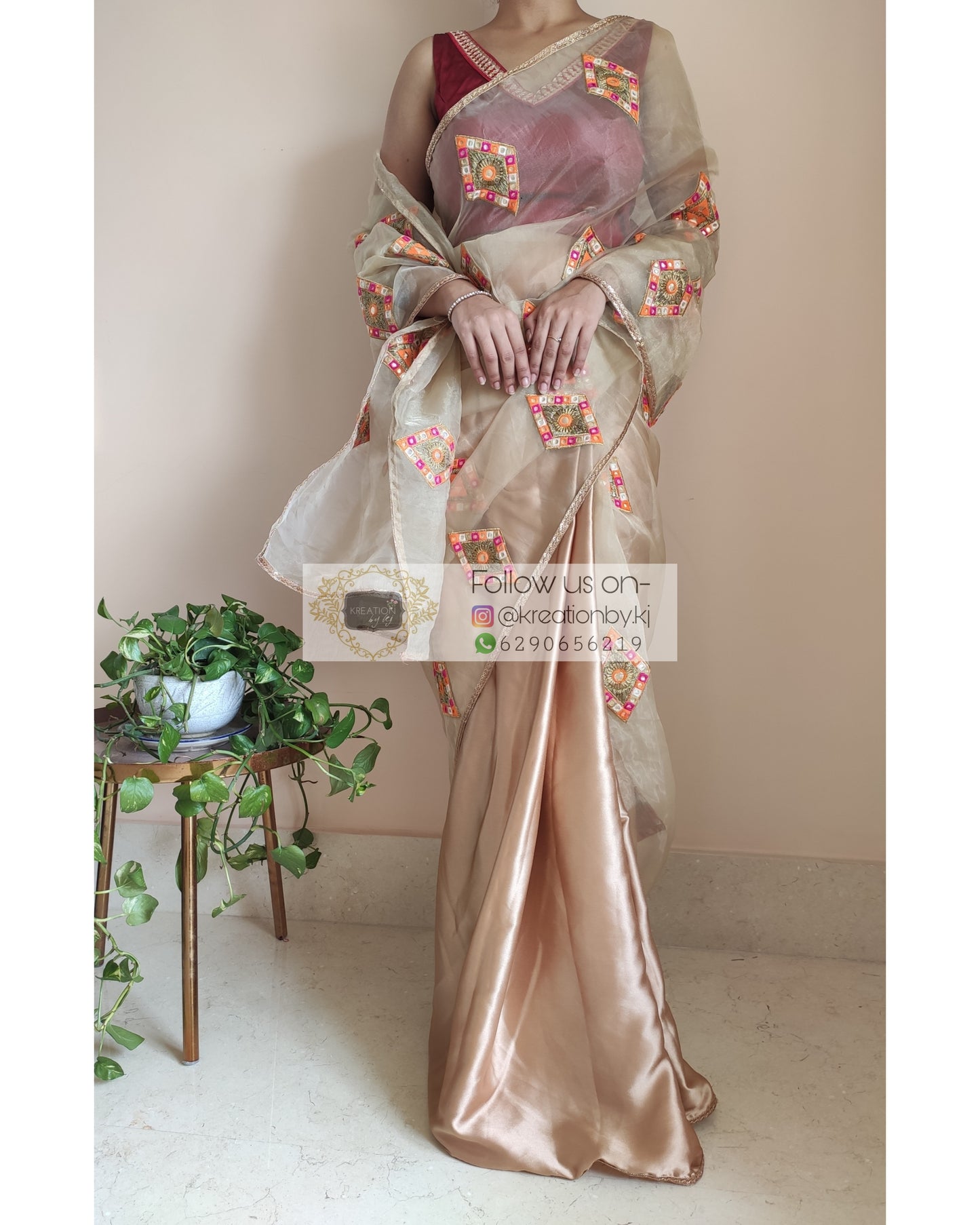 Champagne Satin And Organza Embroidered Saree - kreationbykj
