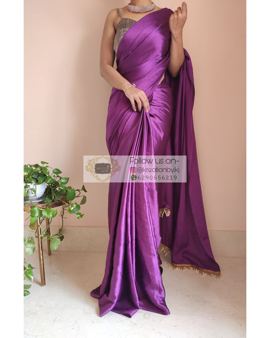 Dark Purple Satin Silk Saree With Handmade Tassels On Pallu - kreationbykj