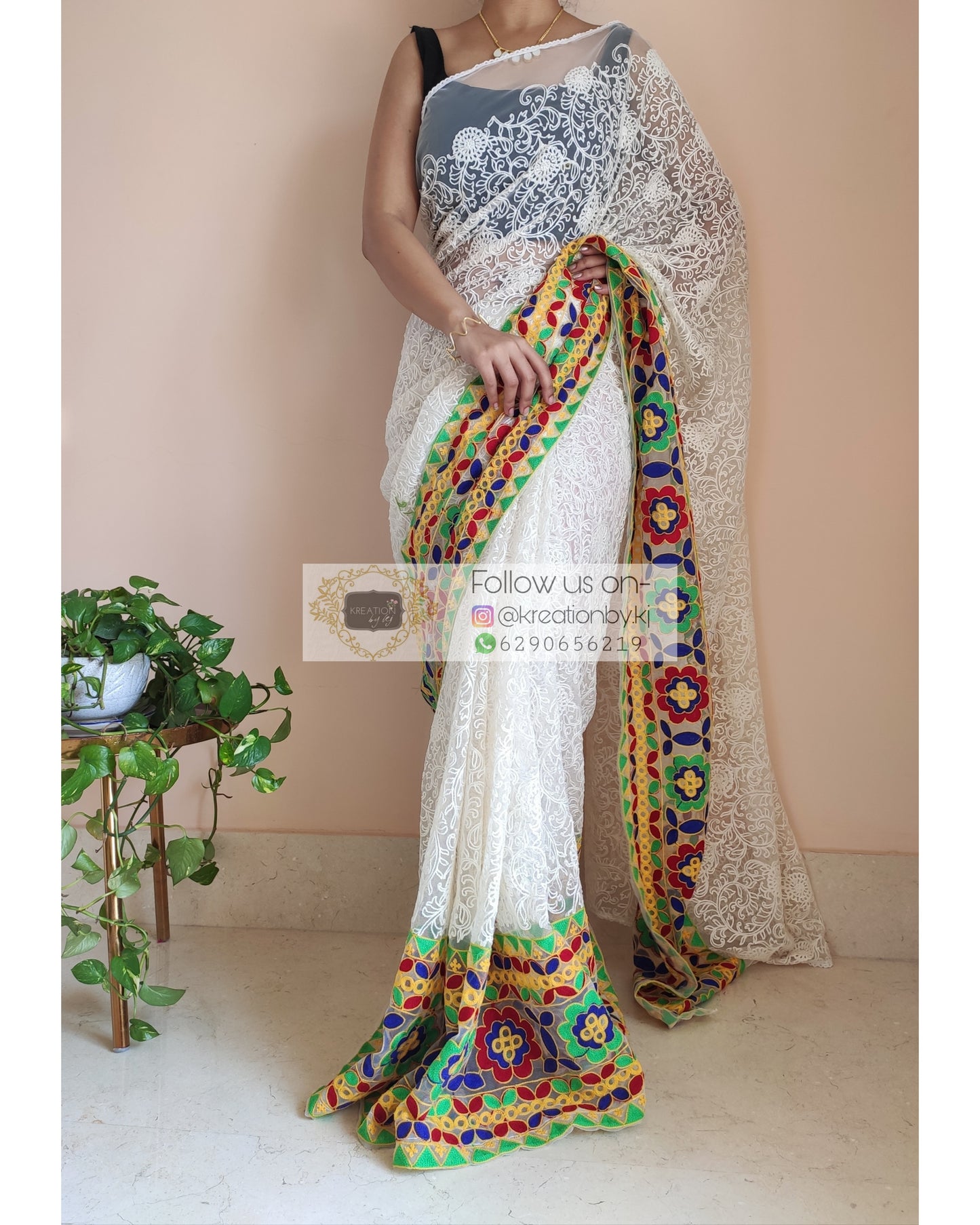 White Net Saree With Multicoloured Border - kreationbykj
