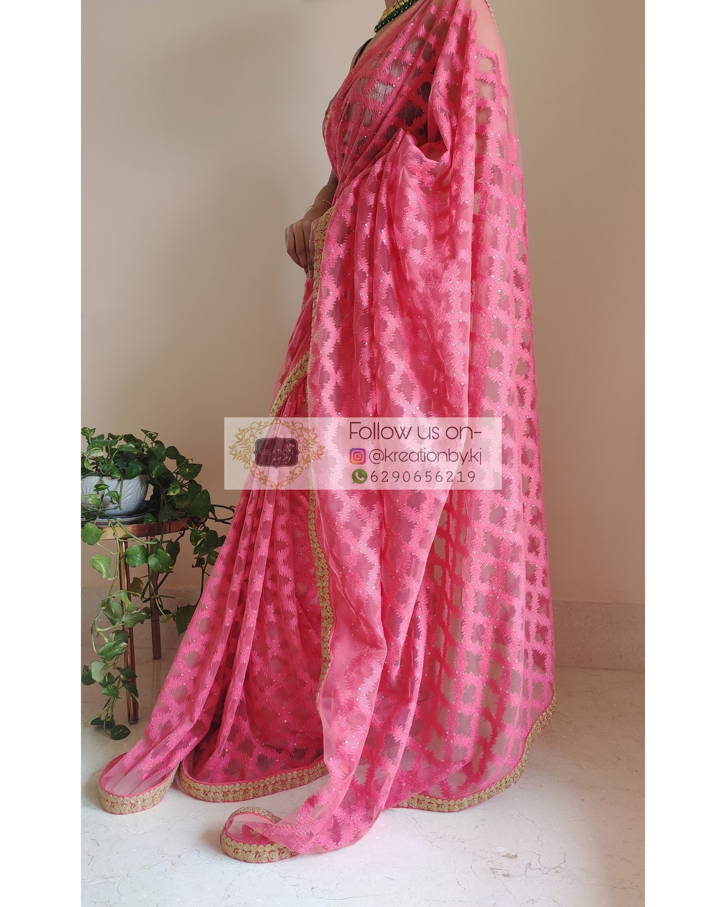 Coral Net Embroidered Saree With Zari Lace Border - kreationbykj