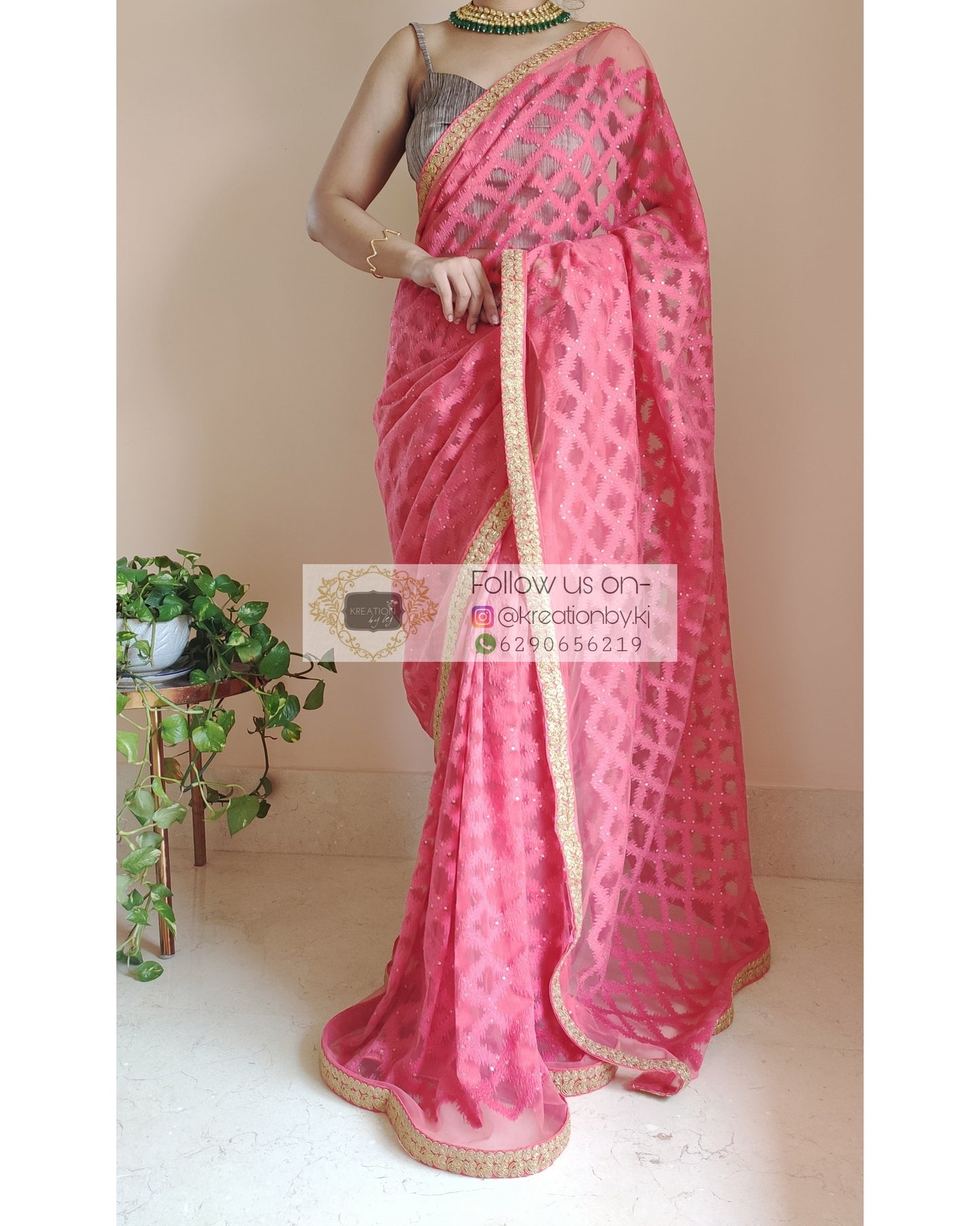 Coral Net Embroidered Saree With Zari Lace Border - kreationbykj