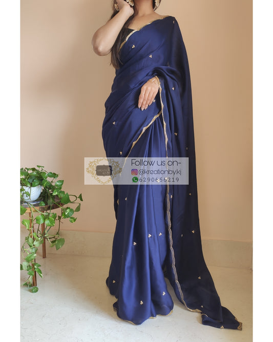 Navy Blue Crepe Silk Saree With Handembroidered Scalloping - kreationbykj