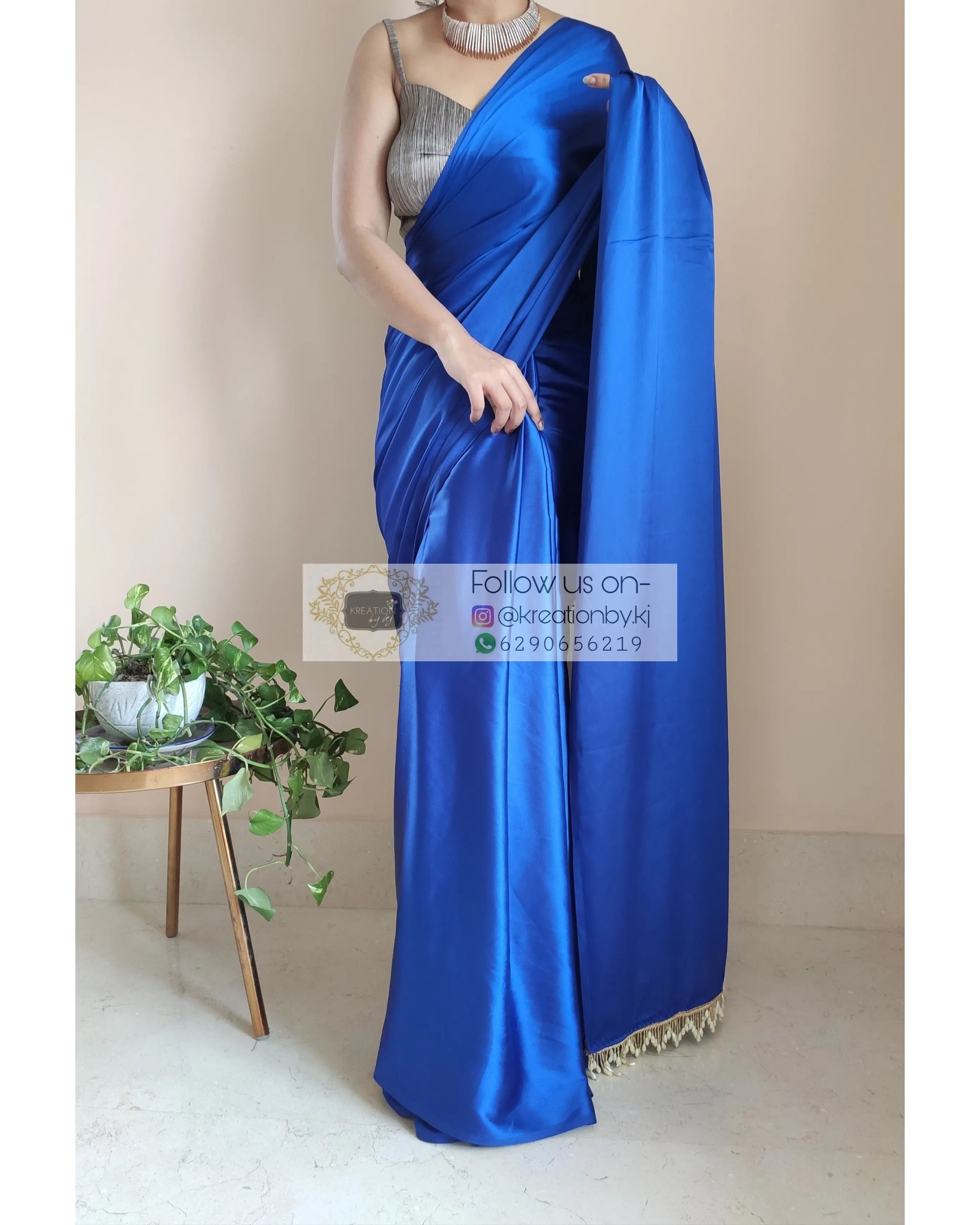 Royal Blue Satin Silk Readymade/Easy Saree