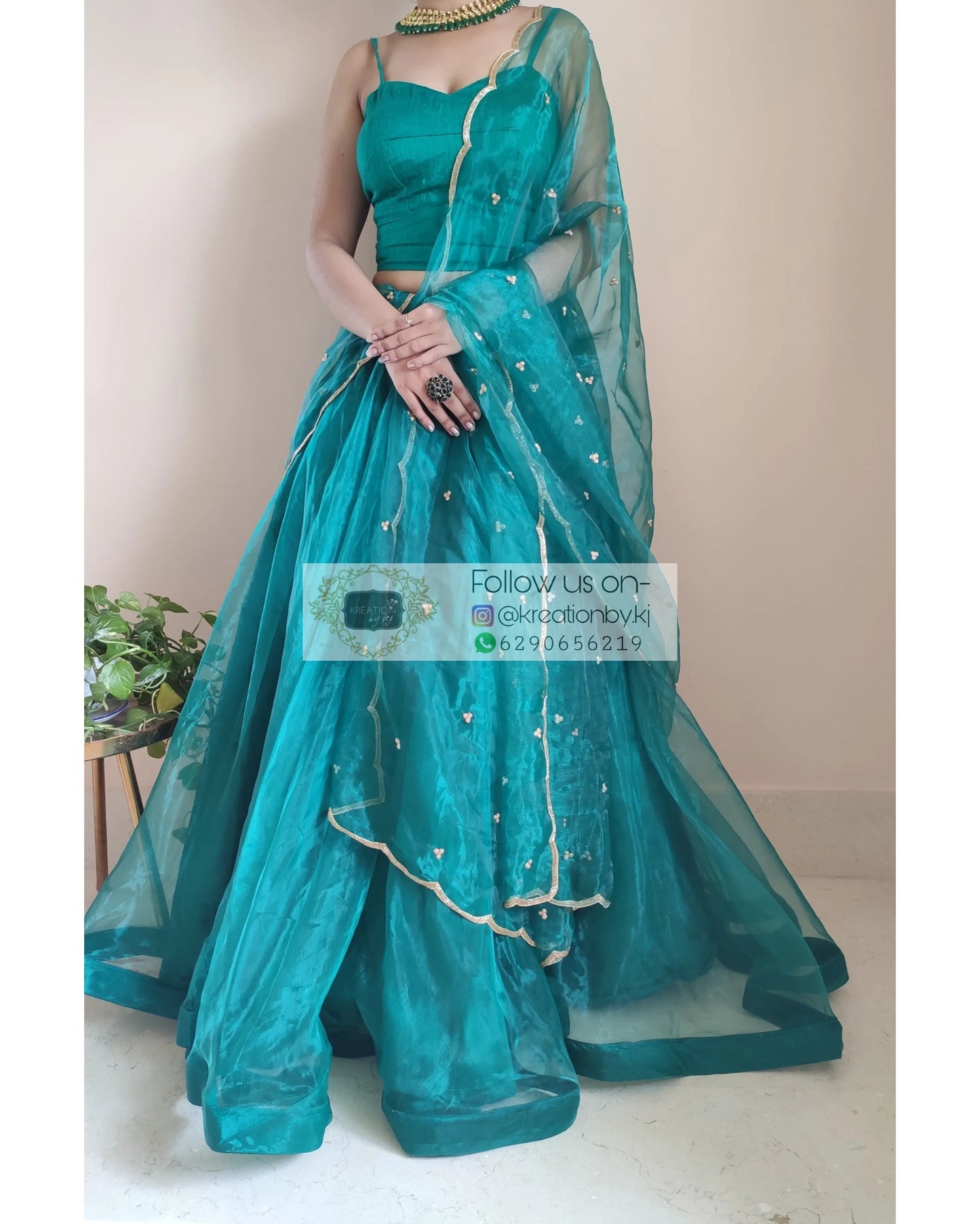 Teal Blue Glass Tissue Lehenga With Dupatta - kreationbykj