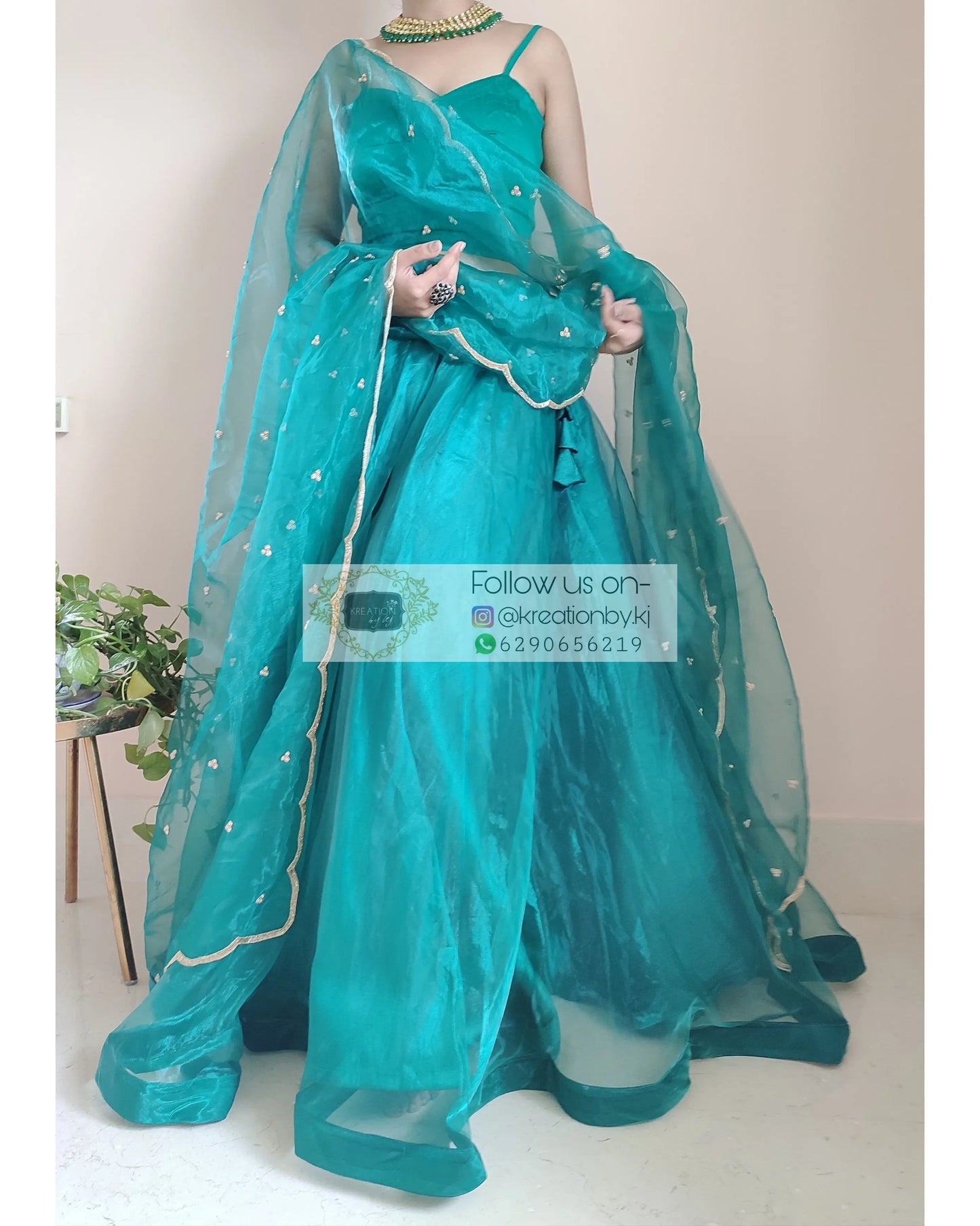 Teal Blue Glass Tissue Lehenga With Dupatta - kreationbykj