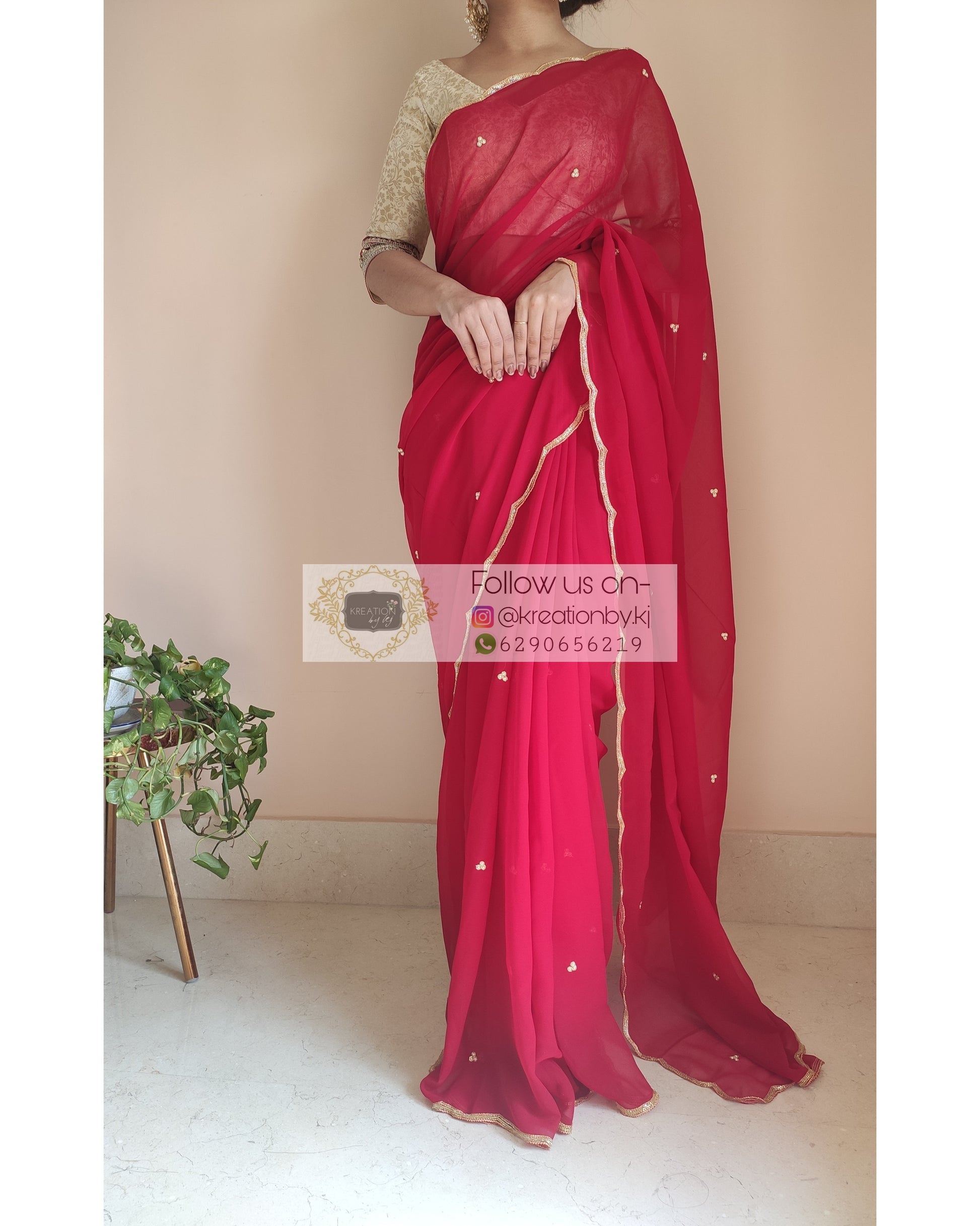Red Poly Georgette Saree With Handembroidered Scalloping - kreationbykj