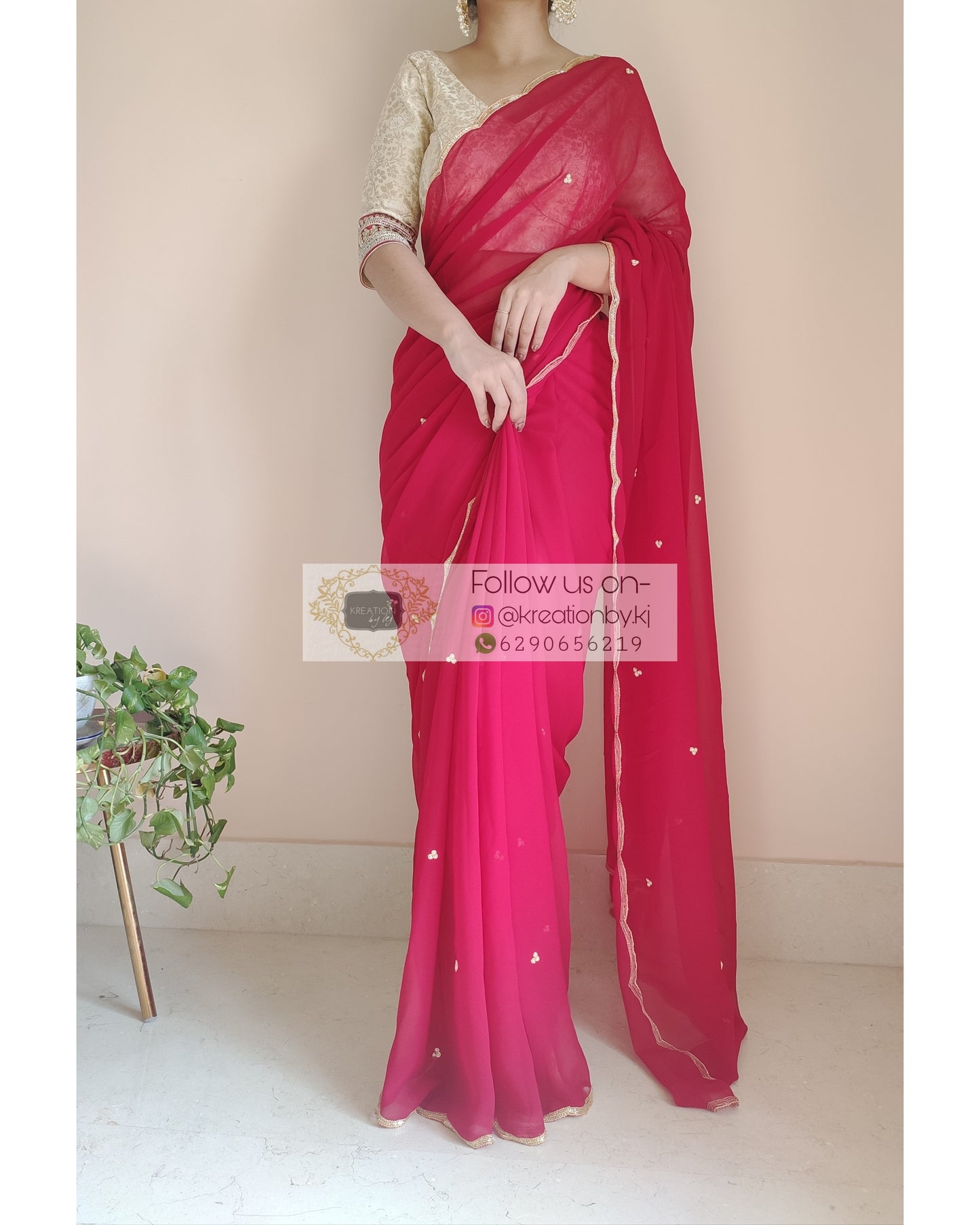 Red Poly Georgette Saree With Handembroidered Scalloping - kreationbykj