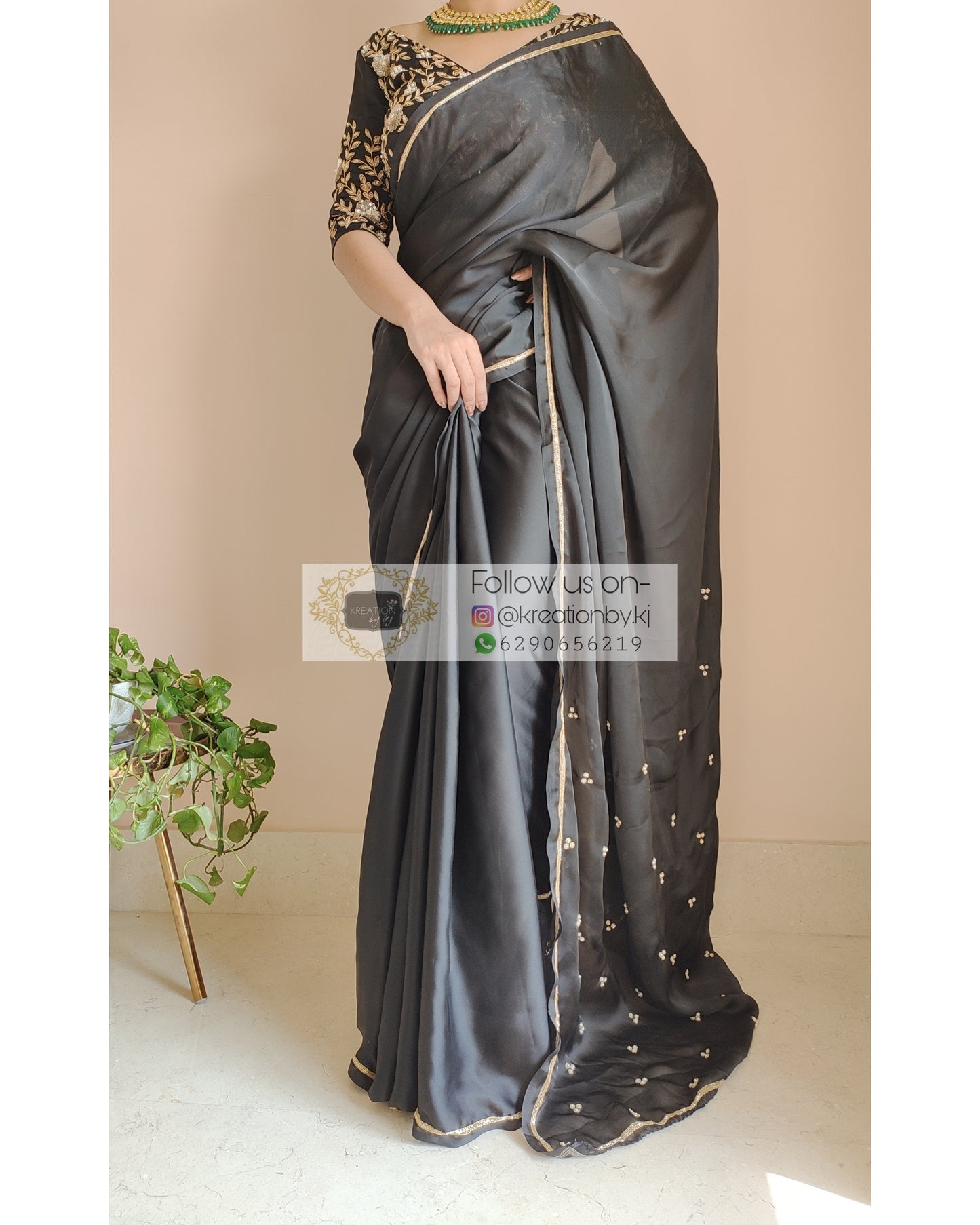 Black Crepe Silk Saree With Heavily Embroidered Blouse - kreationbykj