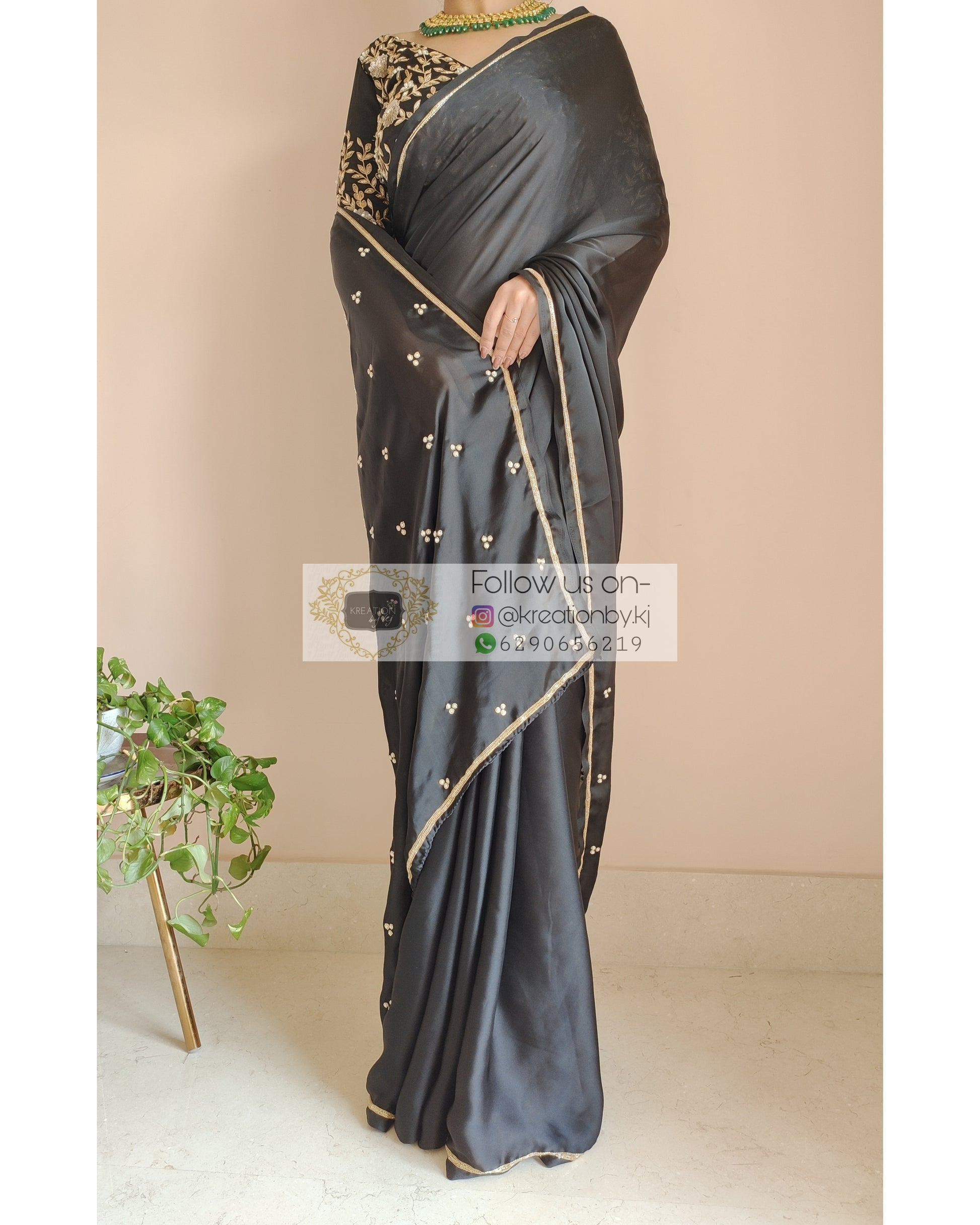 Black Crepe Silk Saree With Heavily Embroidered Blouse - kreationbykj