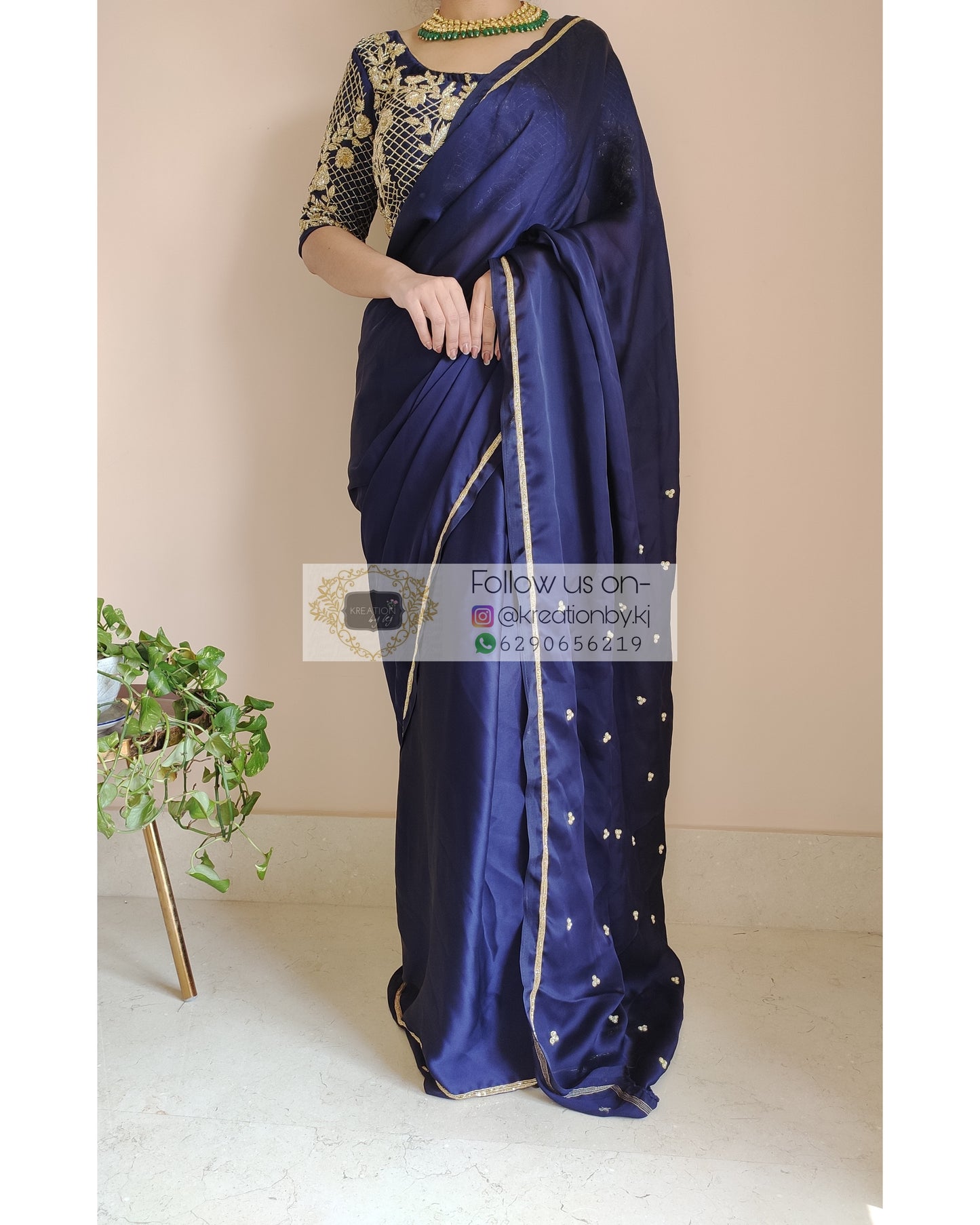 Navy Blue Crepe Silk Saree With Heavy Blouse - kreationbykj