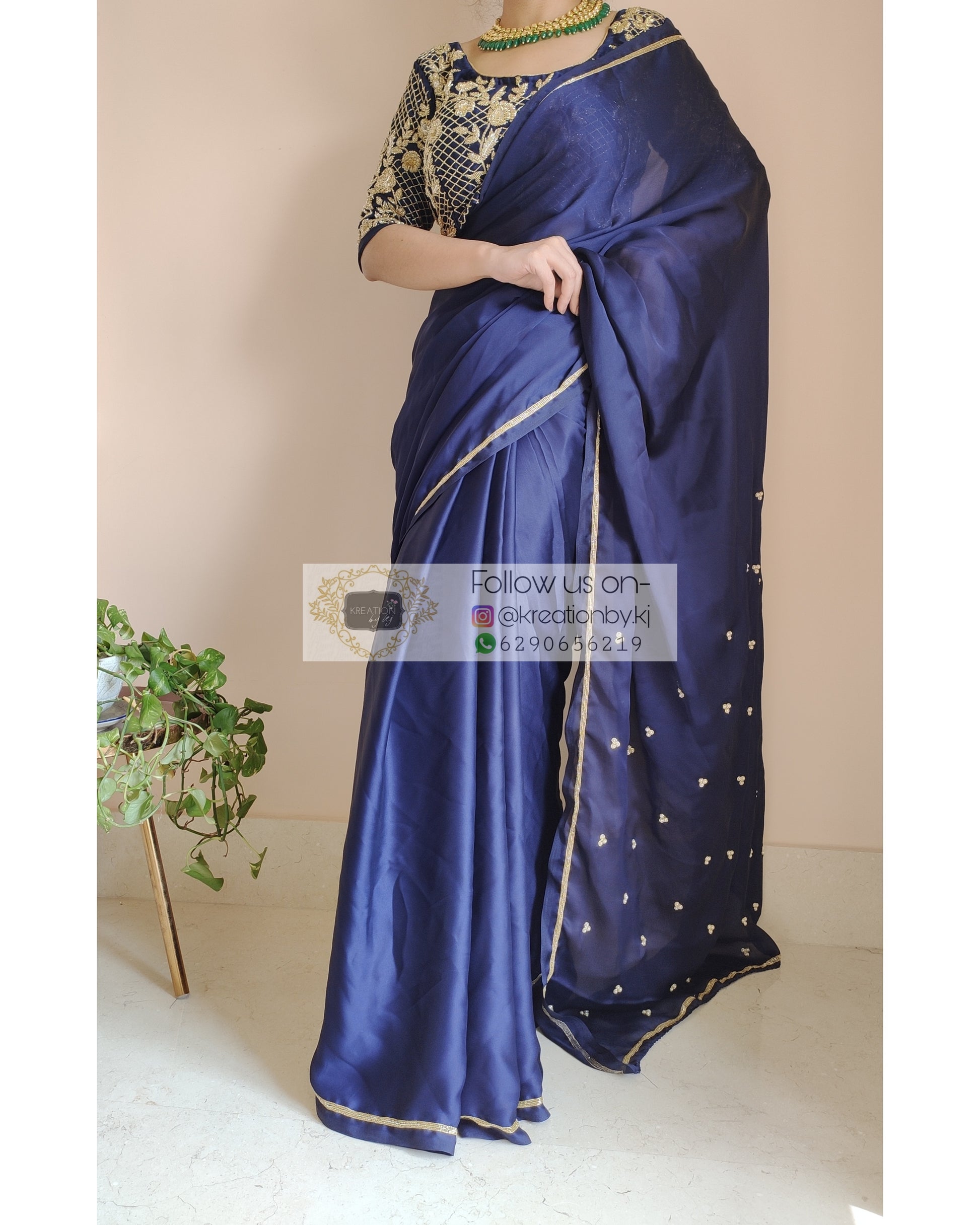 Navy Blue Crepe Silk Saree With Heavy Blouse - kreationbykj