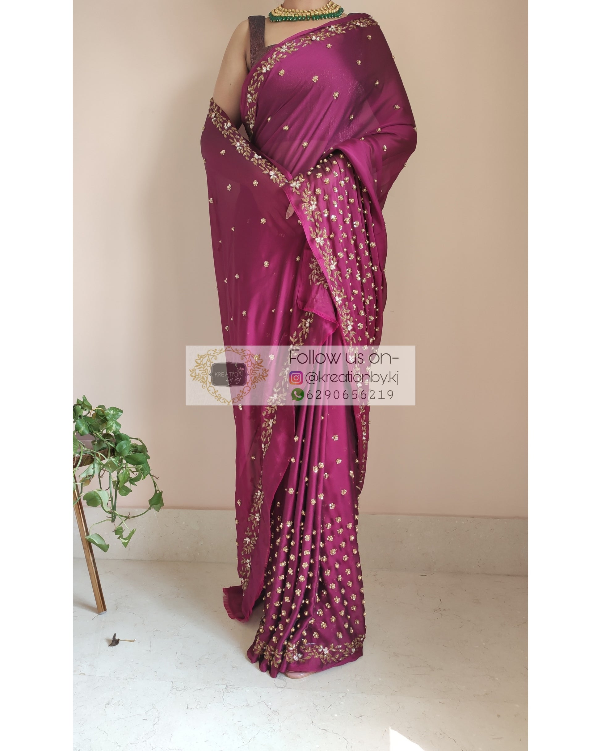 Saree : Baby pink georgette pearl work saree with long choli