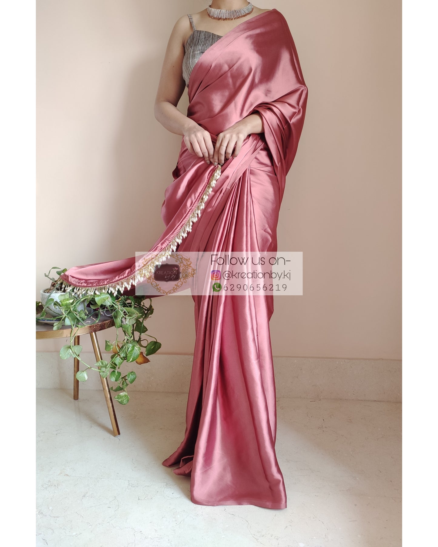 Dusty Rose Satin Silk Saree With Handmade Tassels On Pallu - kreationbykj