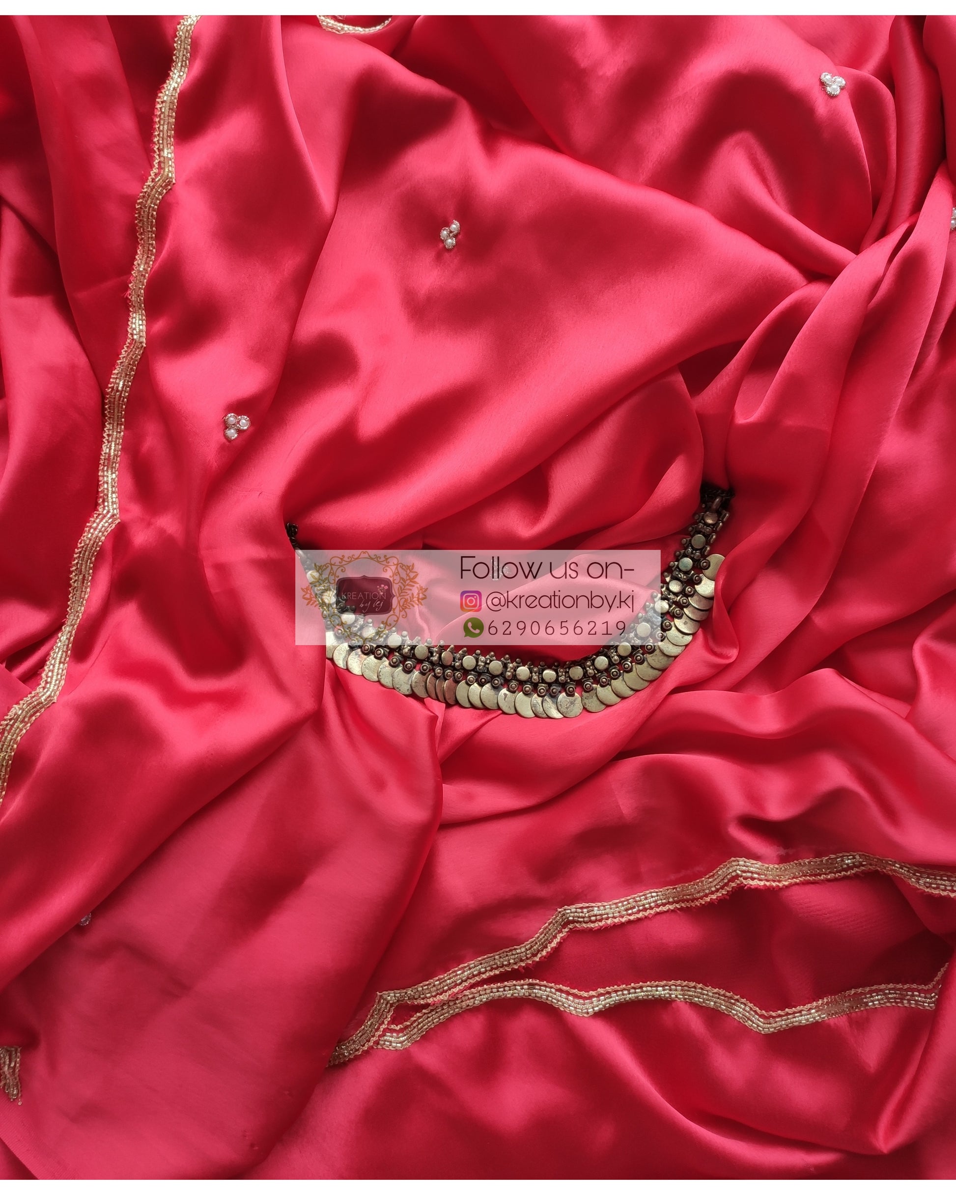 Crimson Red Satin Silk Saree With Handembroidered Scalloping - kreationbykj