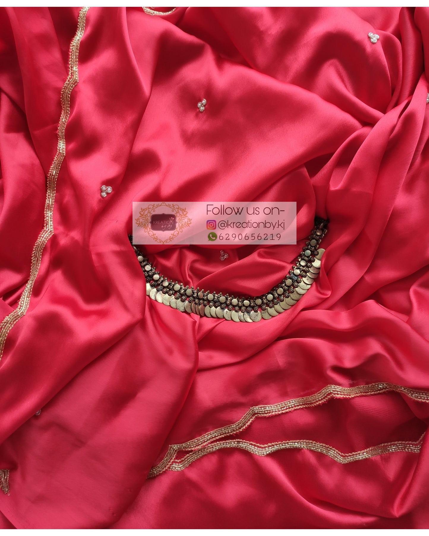 Crimson Red Satin Silk Saree With Handembroidered Scalloping - kreationbykj