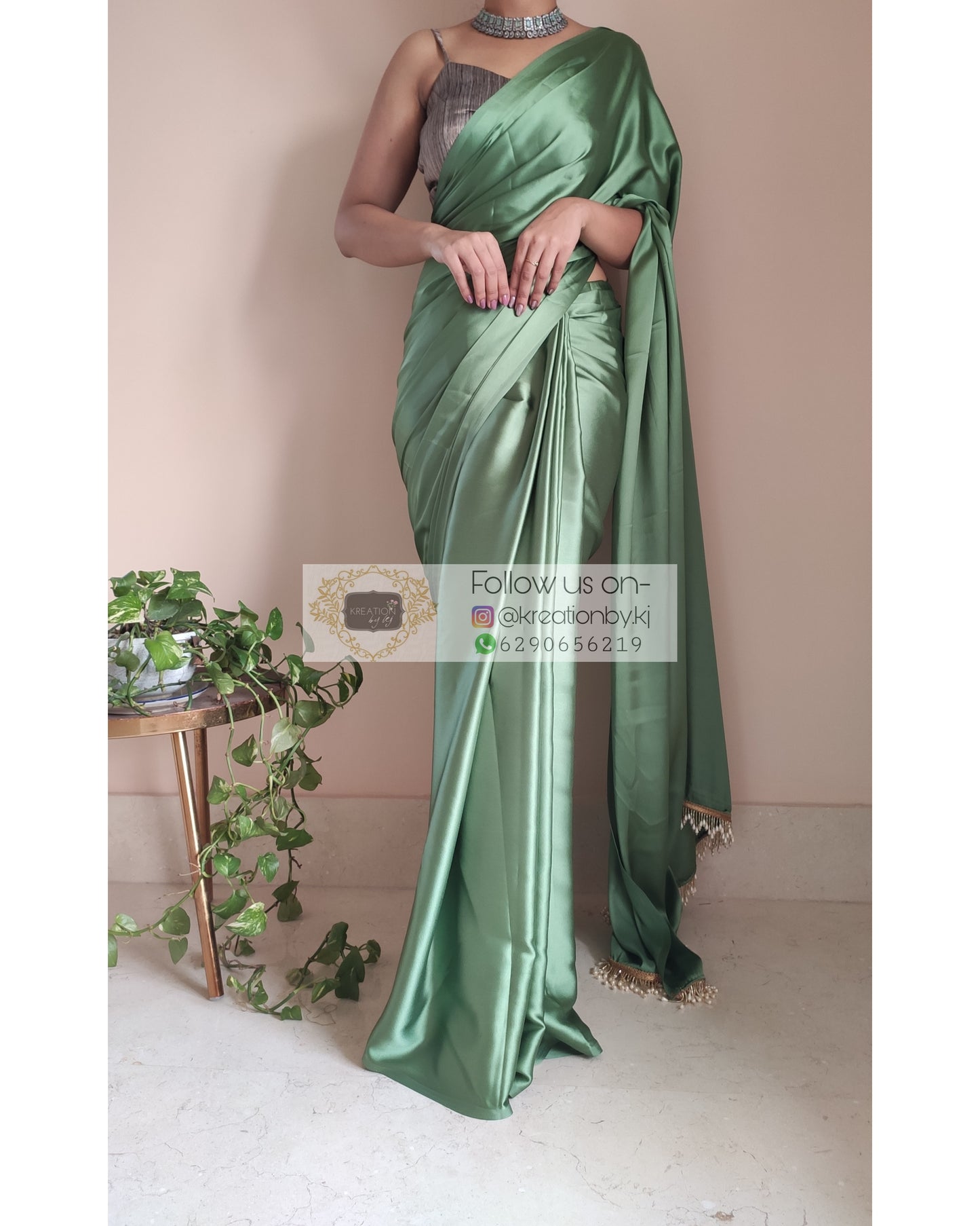 Moss Green Satin Silk Saree With Handmade Tassels On Pallu - kreationbykj