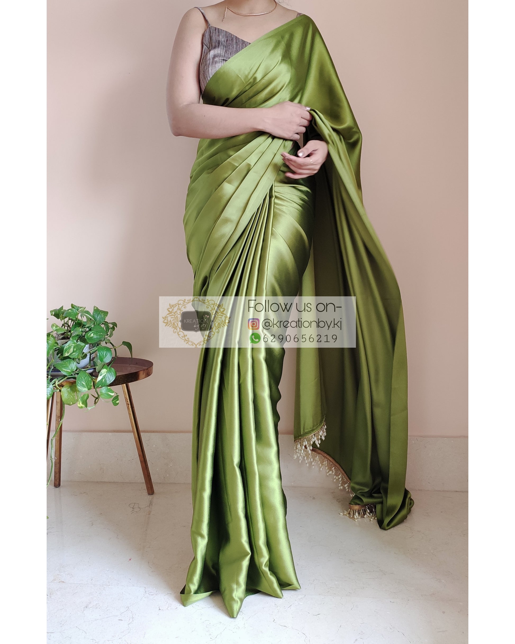 Mehendi Green Satin Silk Saree With Handmade Tassels On Pallu - kreationbykj