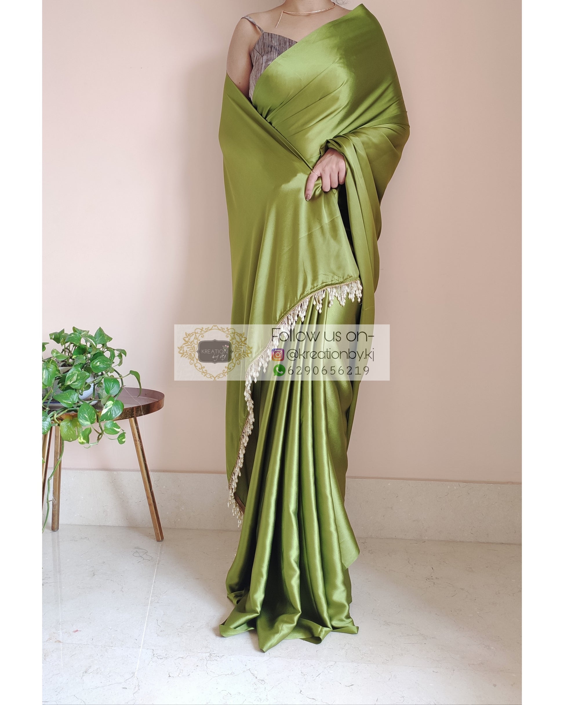 Mehendi Green Satin Silk Saree With Handmade Tassels On Pallu - kreationbykj