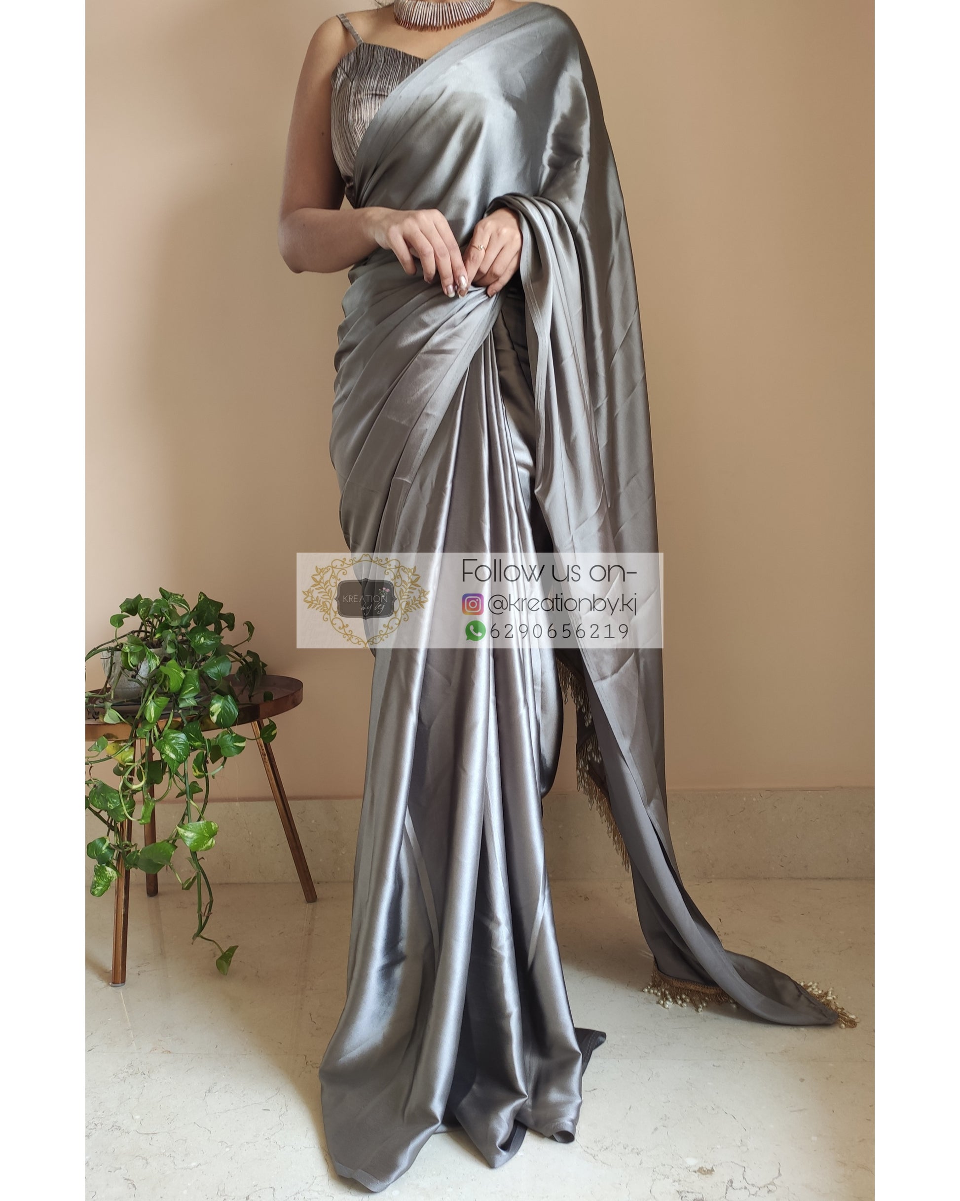 Charcoal Gray Satin Silk Saree With Handmade Tassels On Pallu - kreationbykj