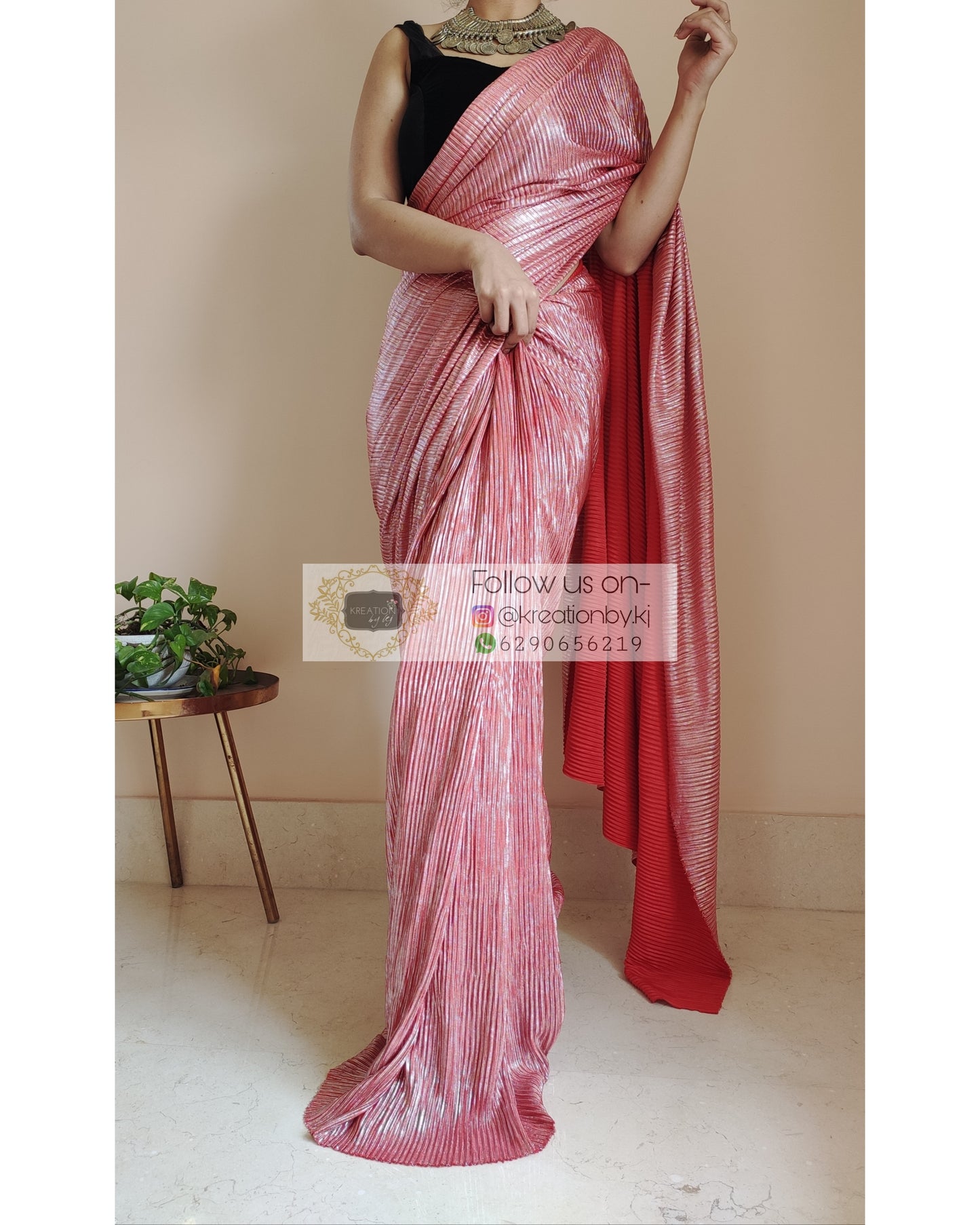 Red And Silver Pleated Saree - kreationbykj