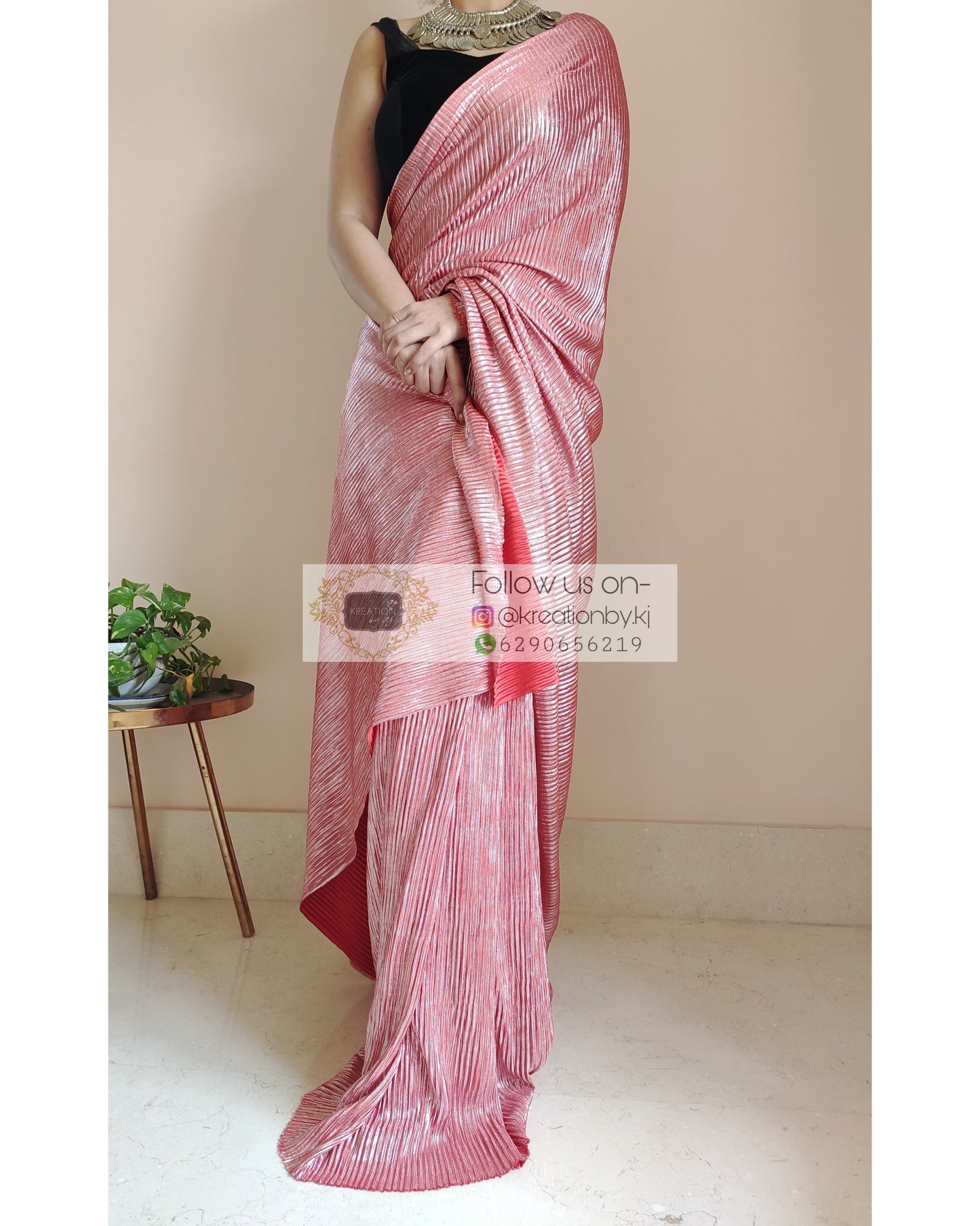Red And Silver Pleated Saree - kreationbykj