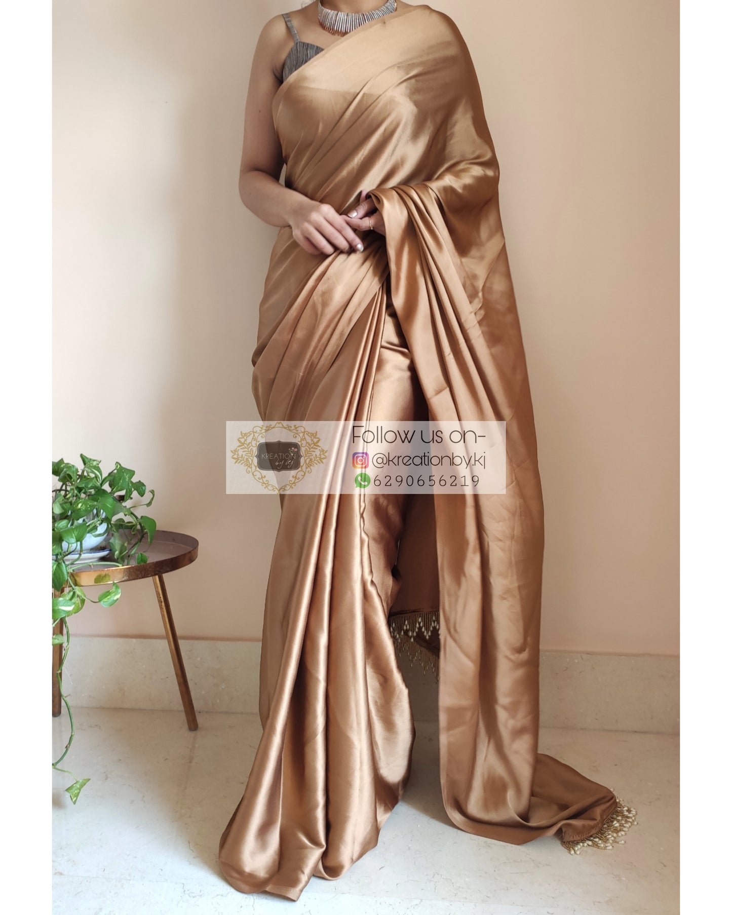 Golden Brown Satin Silk Saree With Handmade Tassels On Pallu - kreationbykj
