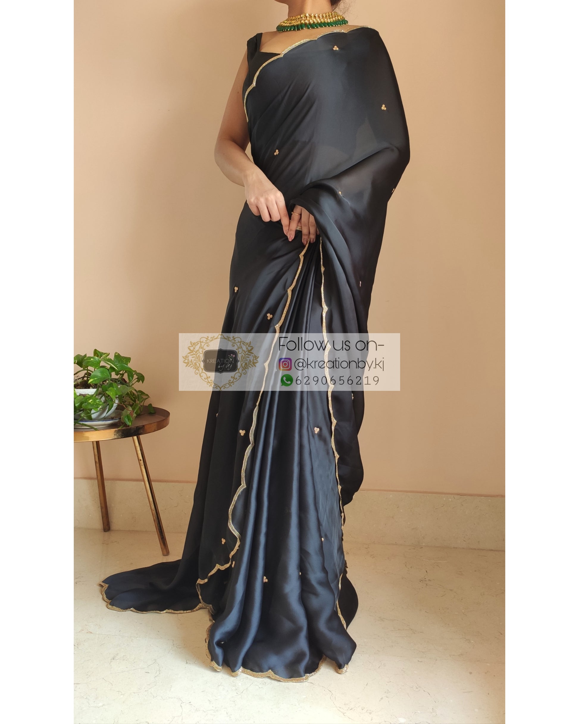 Black Crepe Silk Saree With Handembroidered Scalloping - kreationbykj