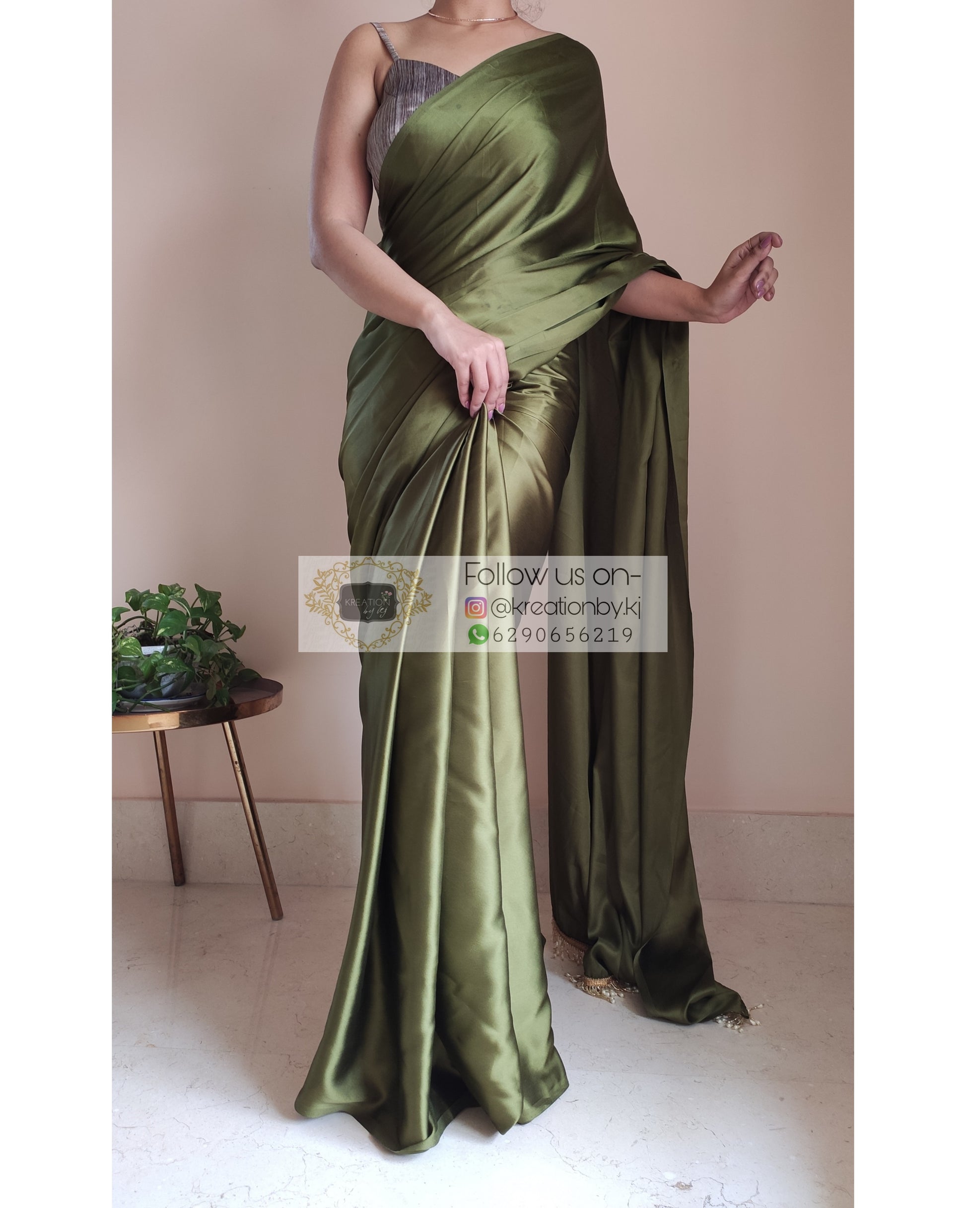 Olive Green Satin Silk Saree With Handmade Tassels On Pallu - kreationbykj