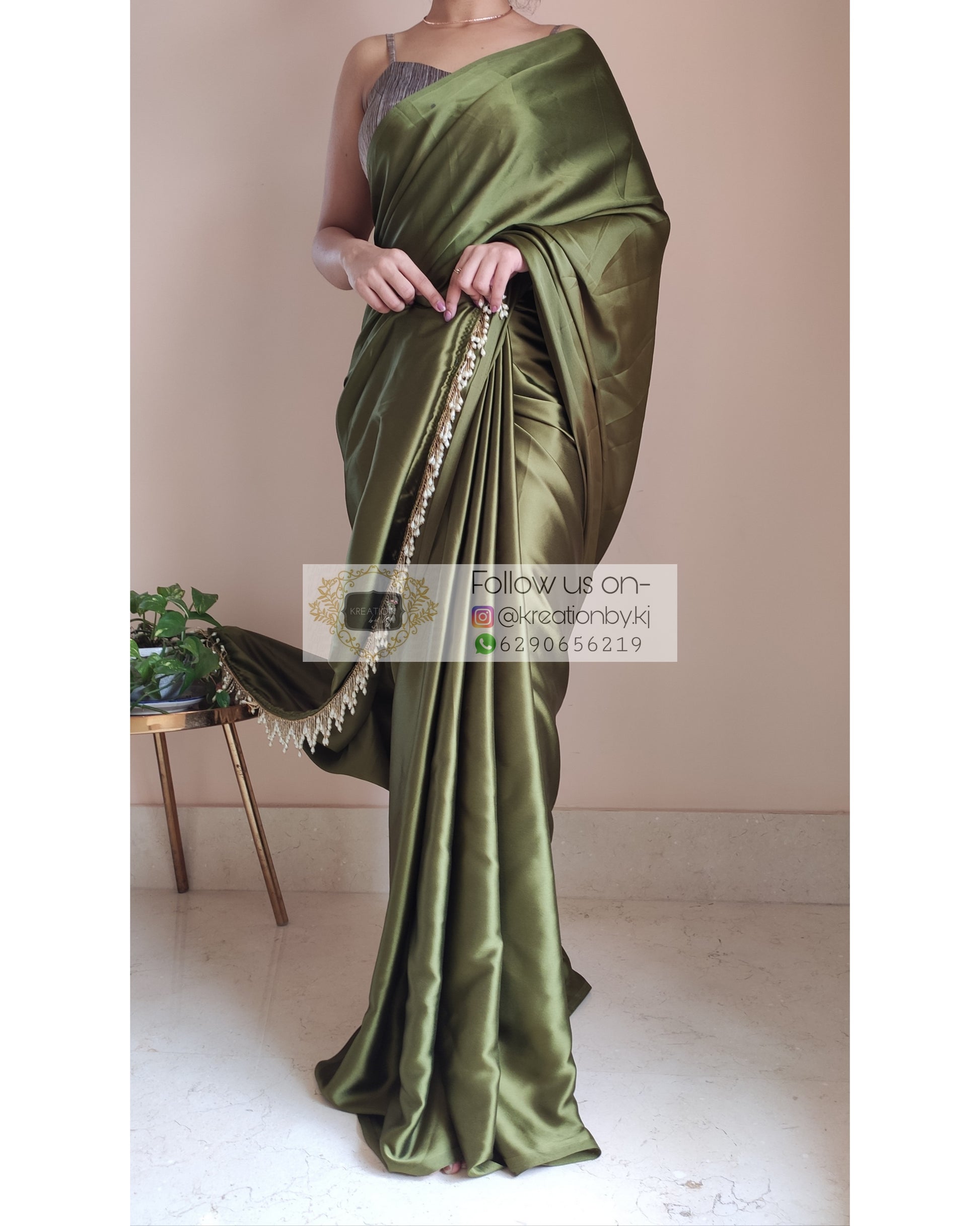 Olive Green Satin Silk Saree With Handmade Tassels On Pallu - kreationbykj