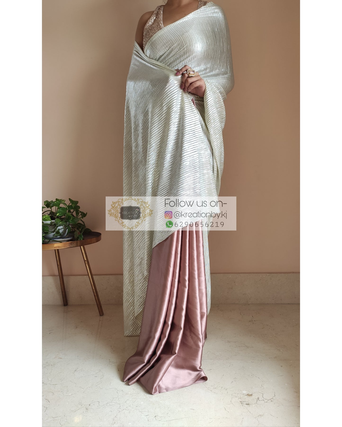 Rose Gold- Silver Pleated Saree - kreationbykj