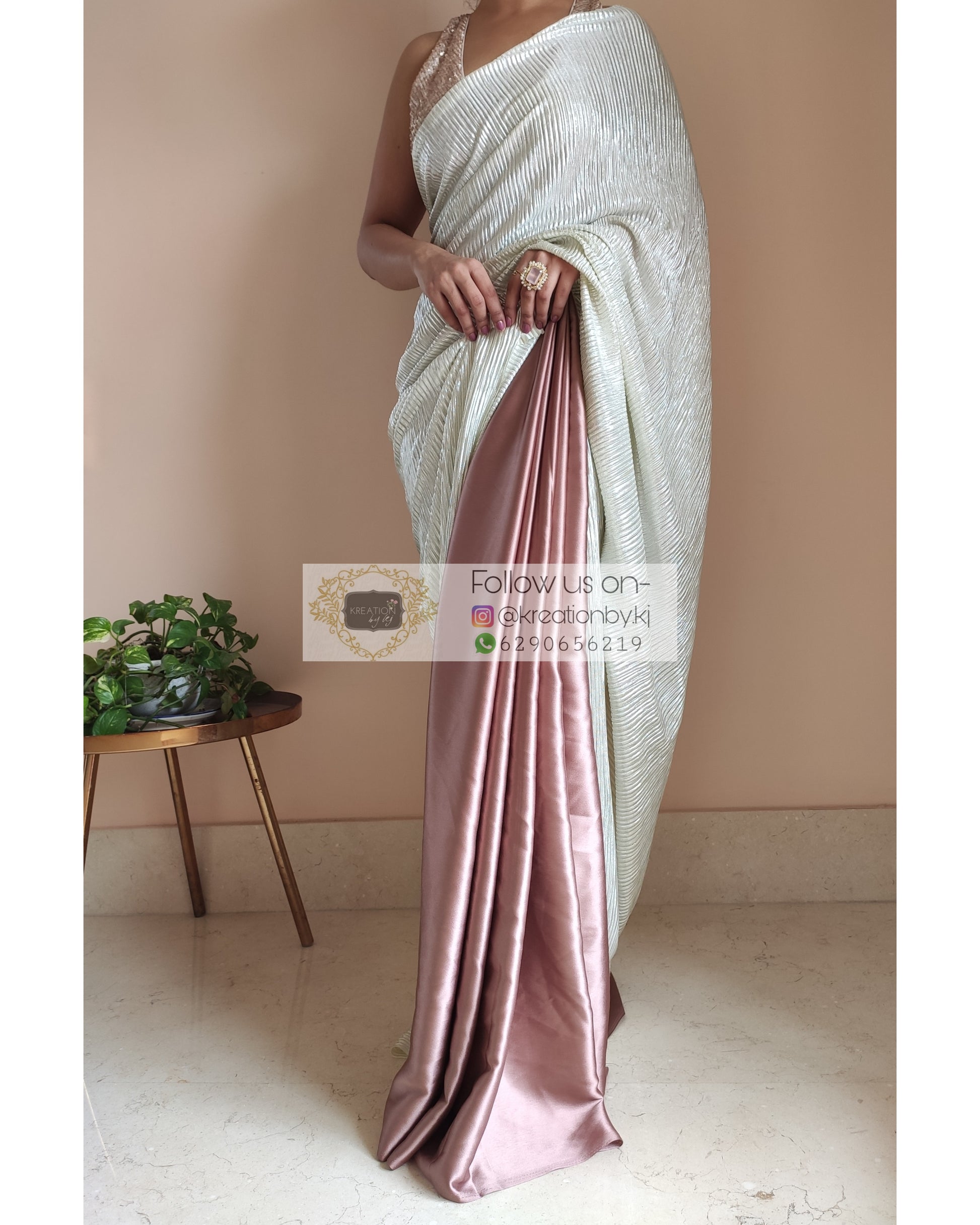 Rose Gold- Silver Pleated Saree - kreationbykj